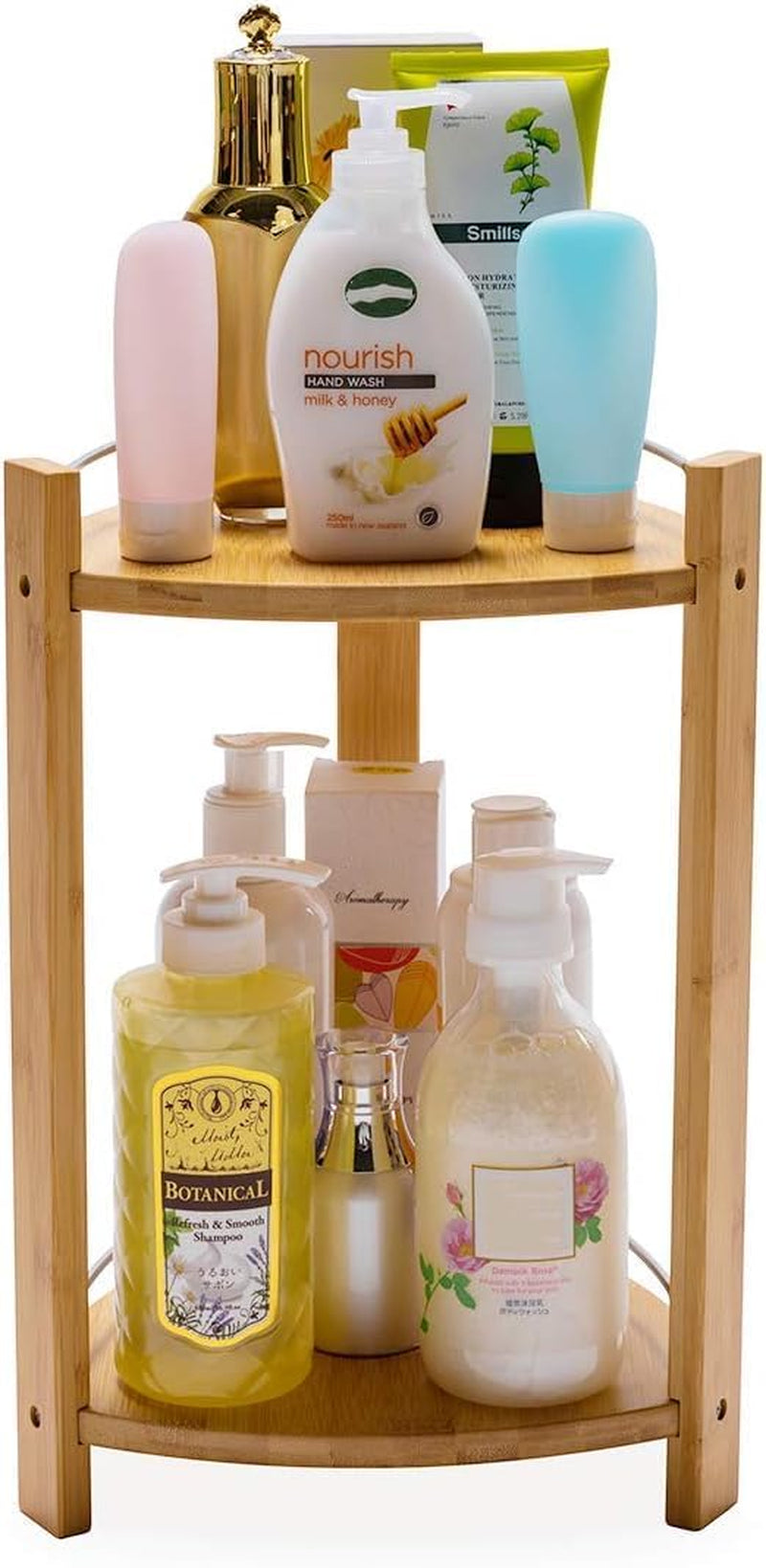 Bamboo Shower Corner Caddy, Medium - 2 Tier Bathroom Organizer Countertop for Shampoo, Conditioner, Lotion, Soap - Standing Shower Stand for Kitchen, Bedroom, or Office