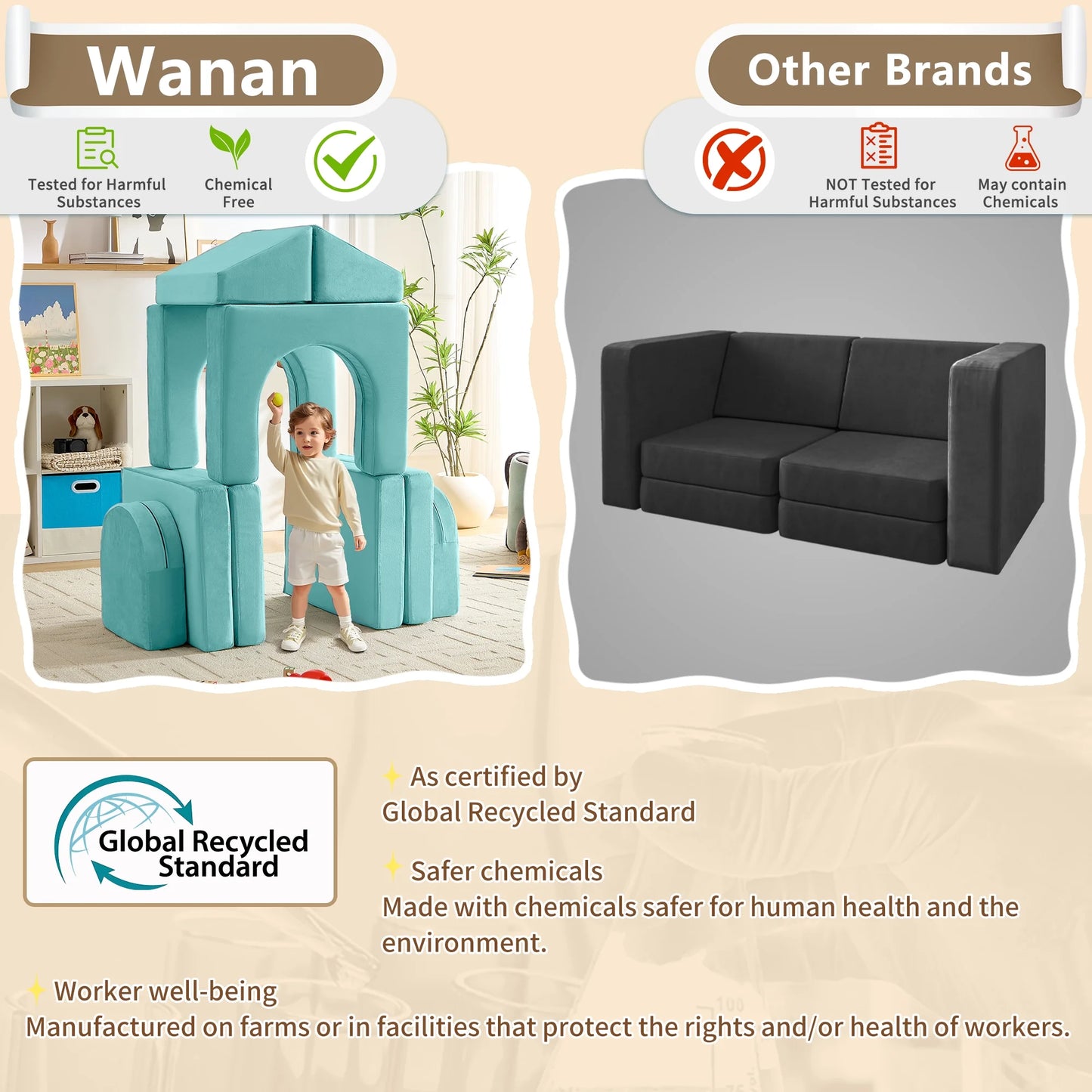 Kids Sofa Couch 10PCS, Modular Toddler Couch for Playroom, Dutch Velvet Multifunctional Play Couch Sofa for Kids, Ice-Snow Blue