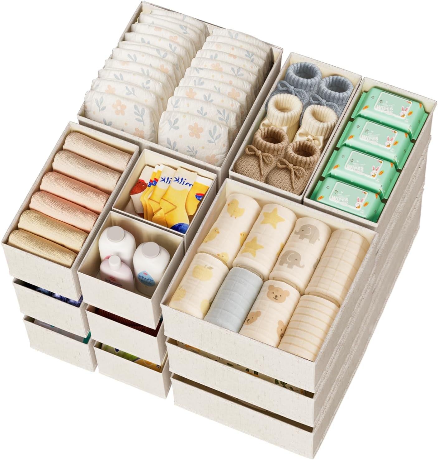 Cotton Linen Drawer Organizer for Baby Clothes, 12Pack Foldable Nursery Dresser Divider, Multi-Size Set Dresser Drawer Organizer for Nursery, Bedroom and Closet, Beige