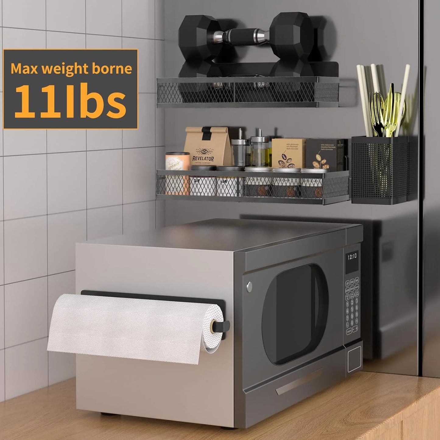 Magnetic Spice Rack Organizer,  6 Pack Moveable Fridge Spice Shelves for Refrigerator, Strong Magnetic Metal Refrigerator Shelf Organizer with Paper Towel Holder, Utensils Holder, Black