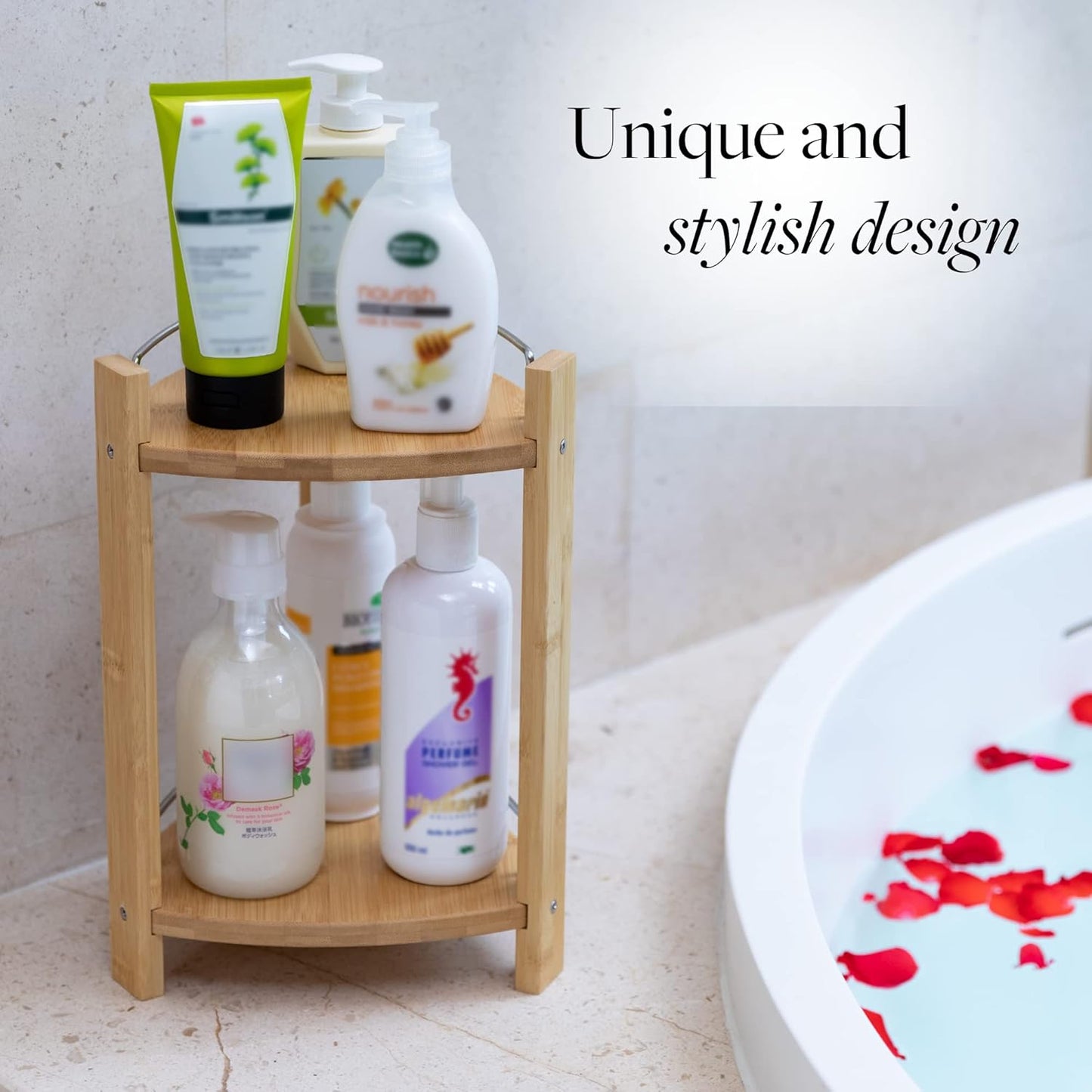 Bamboo Shower Corner Caddy, Medium - 2 Tier Bathroom Organizer Countertop for Shampoo, Conditioner, Lotion, Soap - Standing Shower Stand for Kitchen, Bedroom, or Office