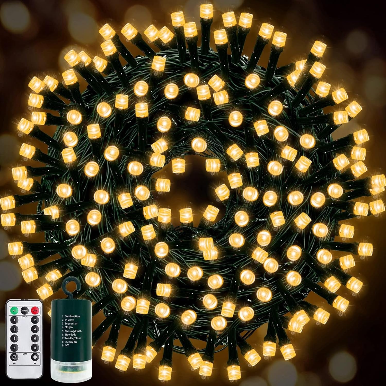 120LED 39.4Ft Christmas String Lights Battery Operated Timer 8 Modes Remote Control Waterproof Green Wire Xmas Tree Fairy Lights Decor Outdoor Indoor Home Party Garden (Warm White)