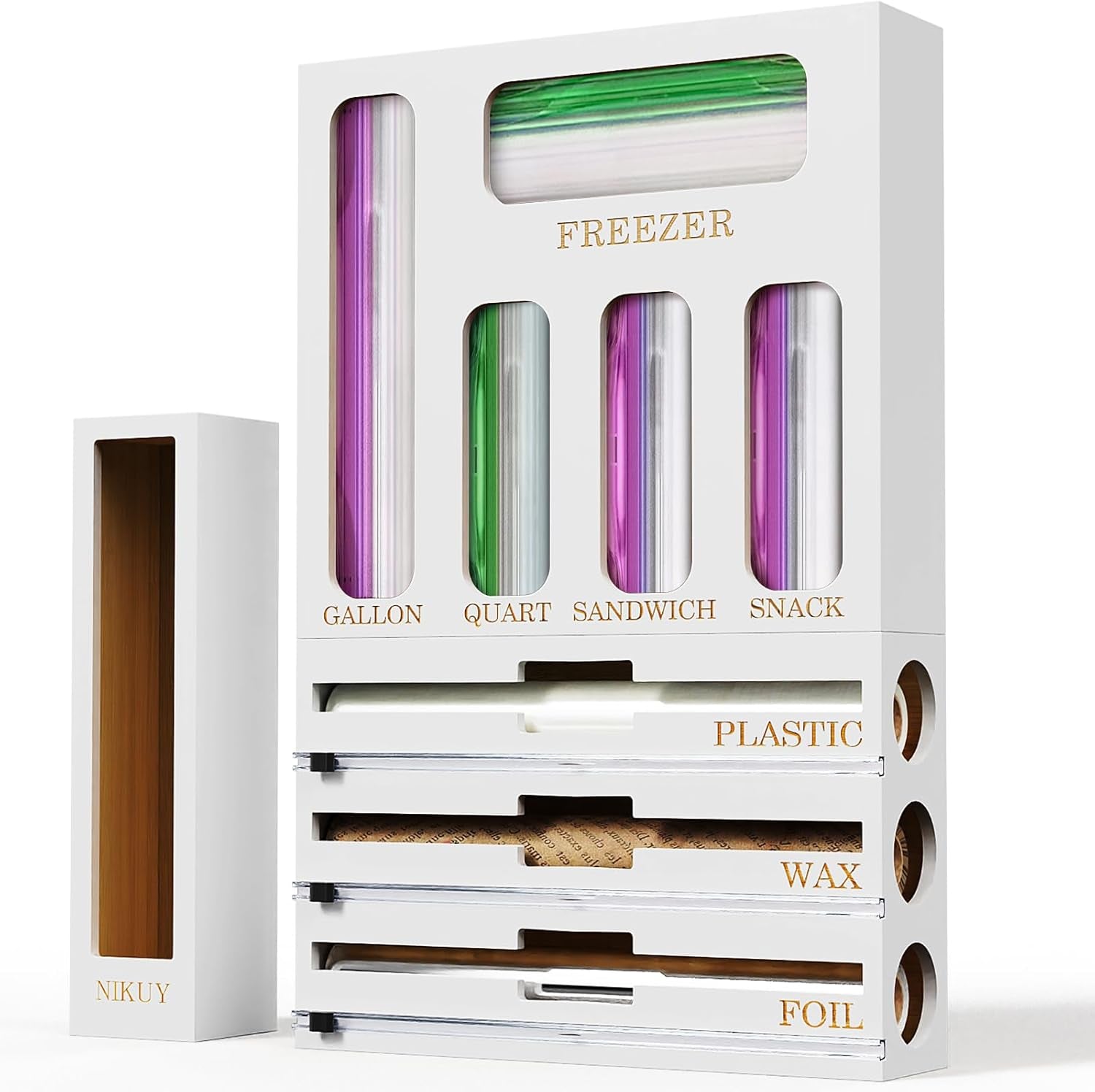 9 in 1 Bamboo Foil and Plastic Wrap Organizer for Kitchen Drawer, Plastic Bag Organizer Organization and Storage, Food Storage Bag Organizer with Labels for Quart Gallon Snack Sandwich Bag