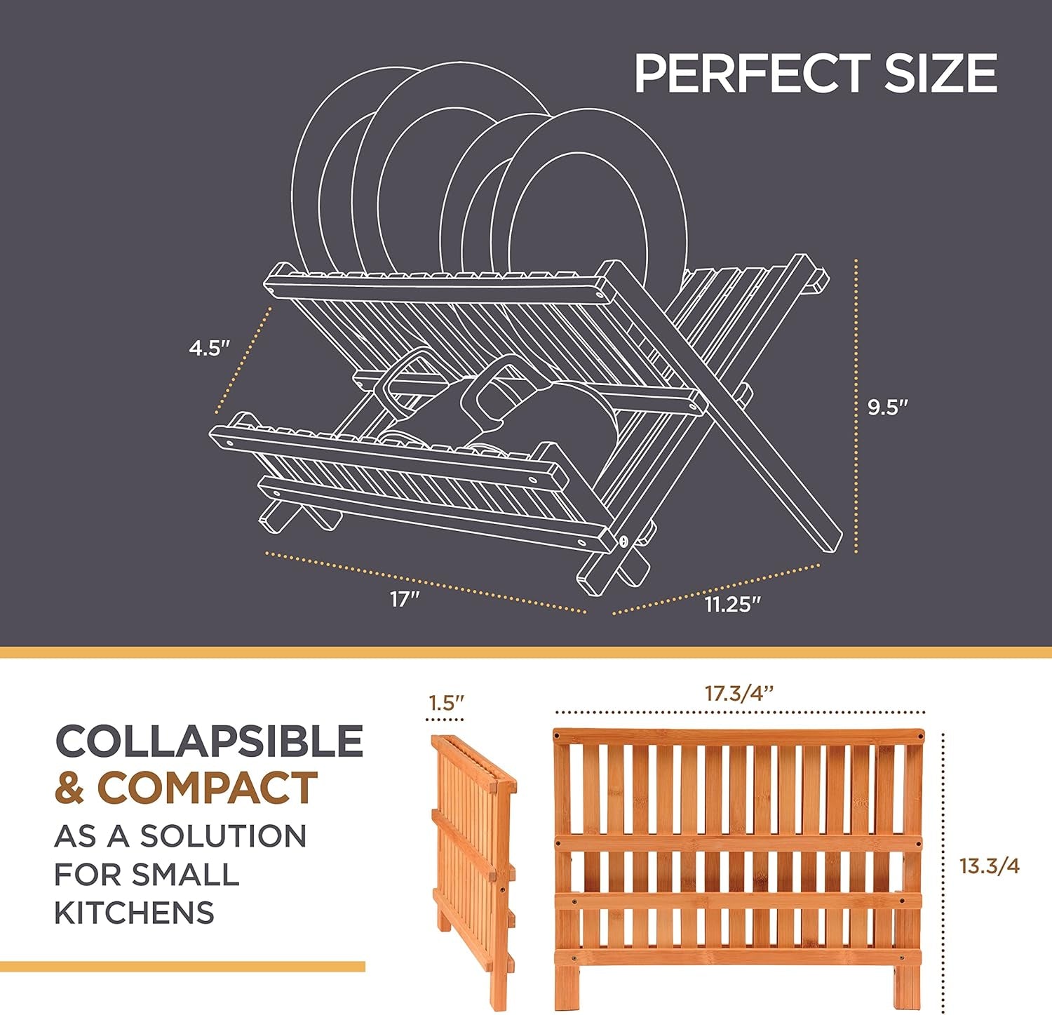 Dish Drying Rack - Bamboo Dish Rack for Kitchen Counter, Collapsible 2-Tier Wooden Drying Rack for Dishes, Plates, Cups, Utensils - Foldable Dish Drainer, Space-Saving Kitchen Drying Rack Organizer