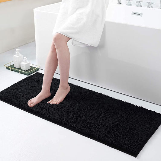 Luxury Chenille Bathroom Rugs, Extra Soft and Absorbent Bath Mat, Black, 17"X47"