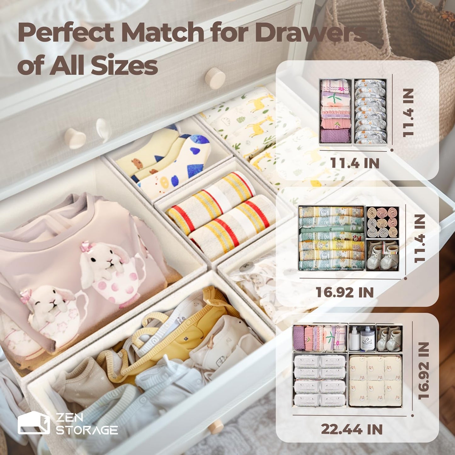 Cotton Linen Drawer Organizer for Baby Clothes, 12Pack Foldable Nursery Dresser Divider, Multi-Size Set Dresser Drawer Organizer for Nursery, Bedroom and Closet, Beige