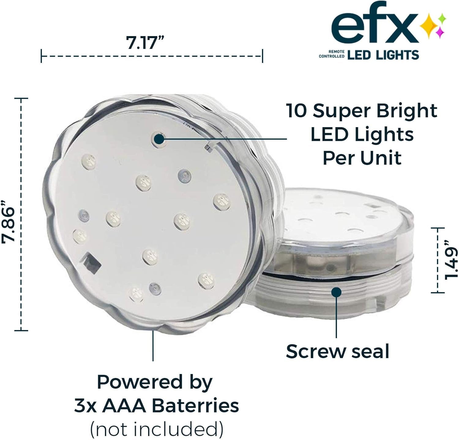 EFX by Boundery - Multicolor Accent Submersible, Waterproof LED Lights - Premium Indoor & Outdoor Battery Operated Lights - LED Puck Light for Events, Patio, Pool, Hot Tub, Shower - 12-Pack