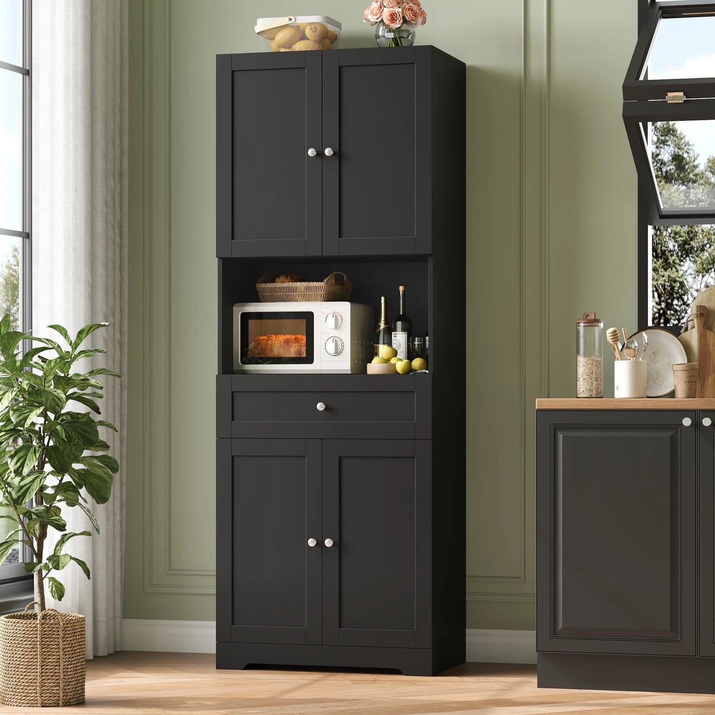67.5" Tall Farmhouse Bathroom Storage Cabiet with Drawer, 4 Door Modern Freestanding Storage Cabinet Cupboard, Black