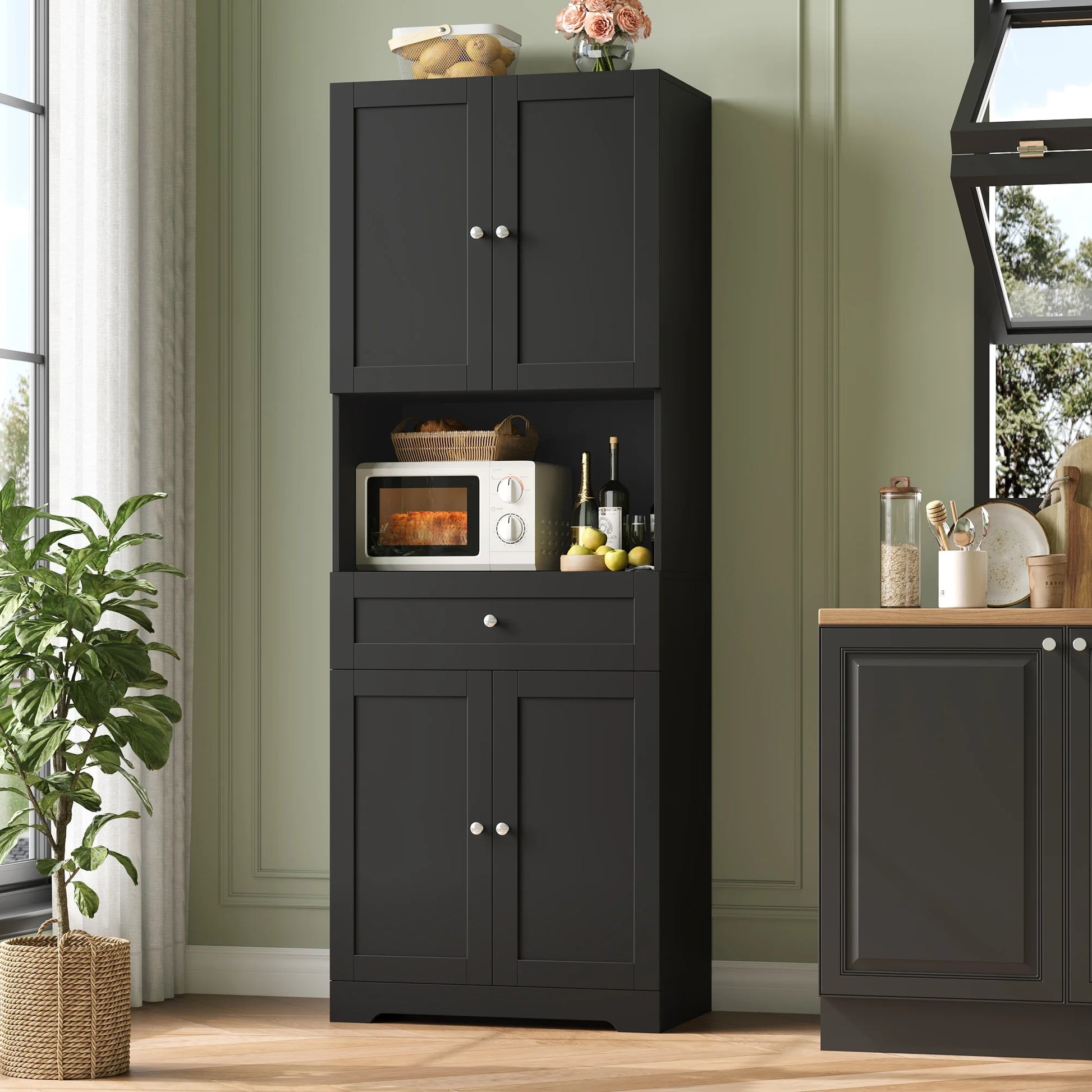67.5" Tall Farmhouse Bathroom Storage Cabiet with Drawer, 4 Door Modern Freestanding Storage Cabinet Cupboard, Black