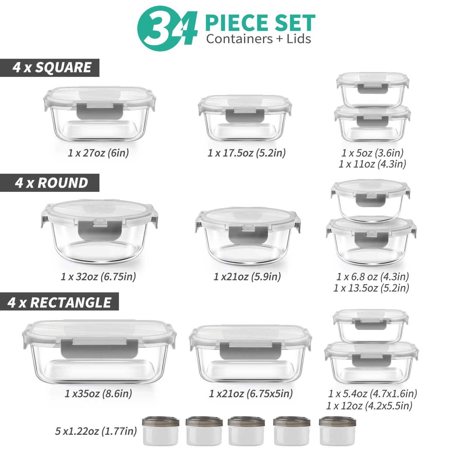34Pcs Glass Food Storage Containers with Lids Set, Airtight Meal Prep Containers (17 Containers & 17 Lids), Grey