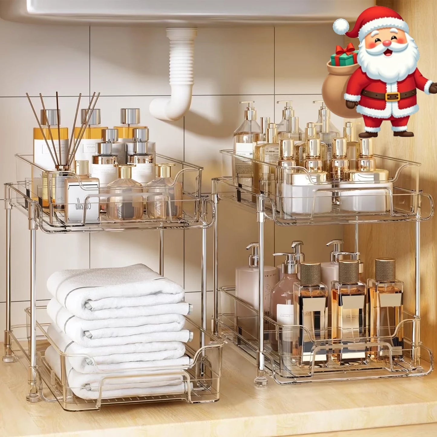 2-Pack under Sink Organizer Storage, 2-Tier 11.4" Tall under Sink Storage Organizer, Clear