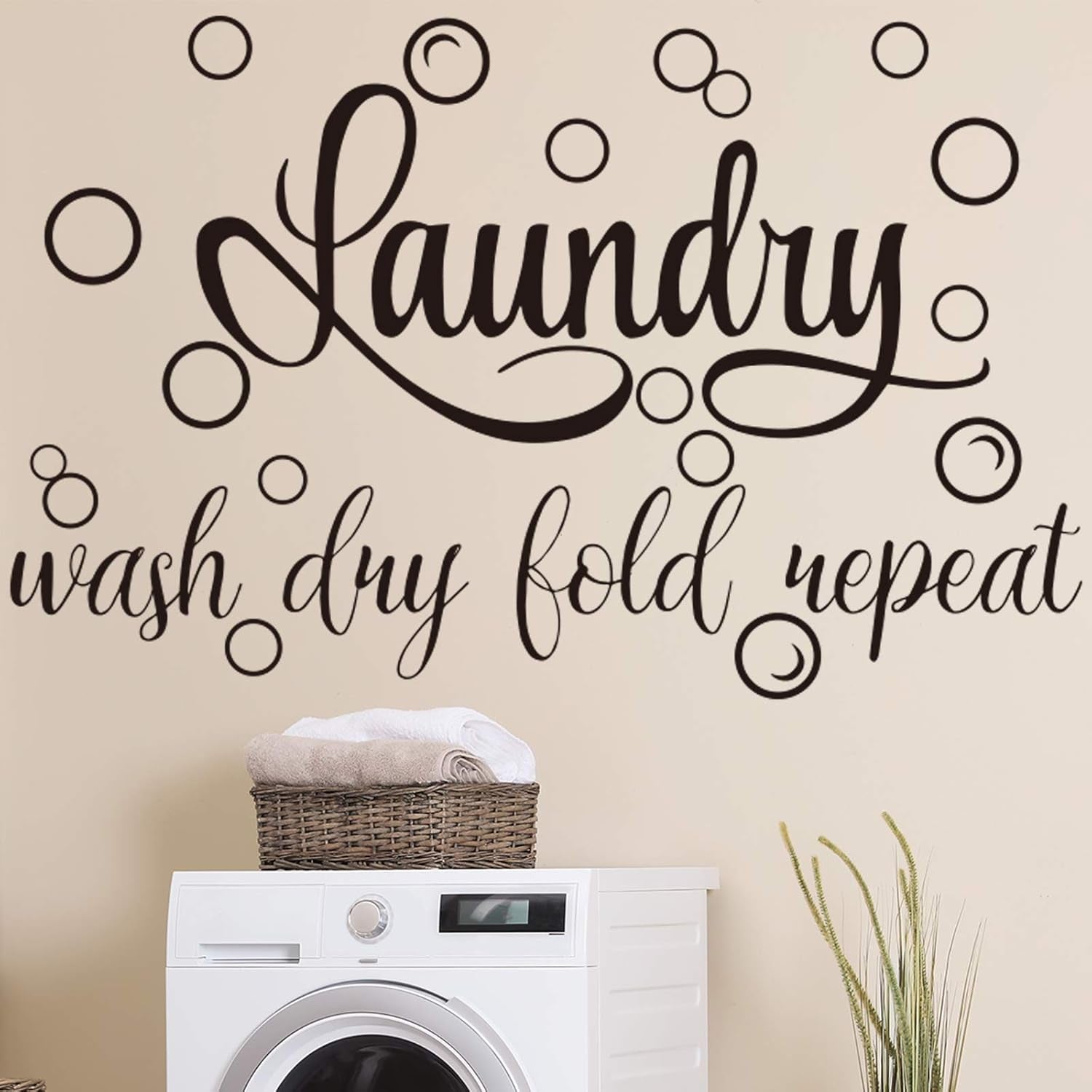 Laundry Room Sign Decals Decor Bubble Quote Stickers Wash Dry Fold Repeat Wall Signs Arts Funny Laundry Room Signs for Bathroom Home Decorations Supplies(13.8 X 21.7 Inch,Black)