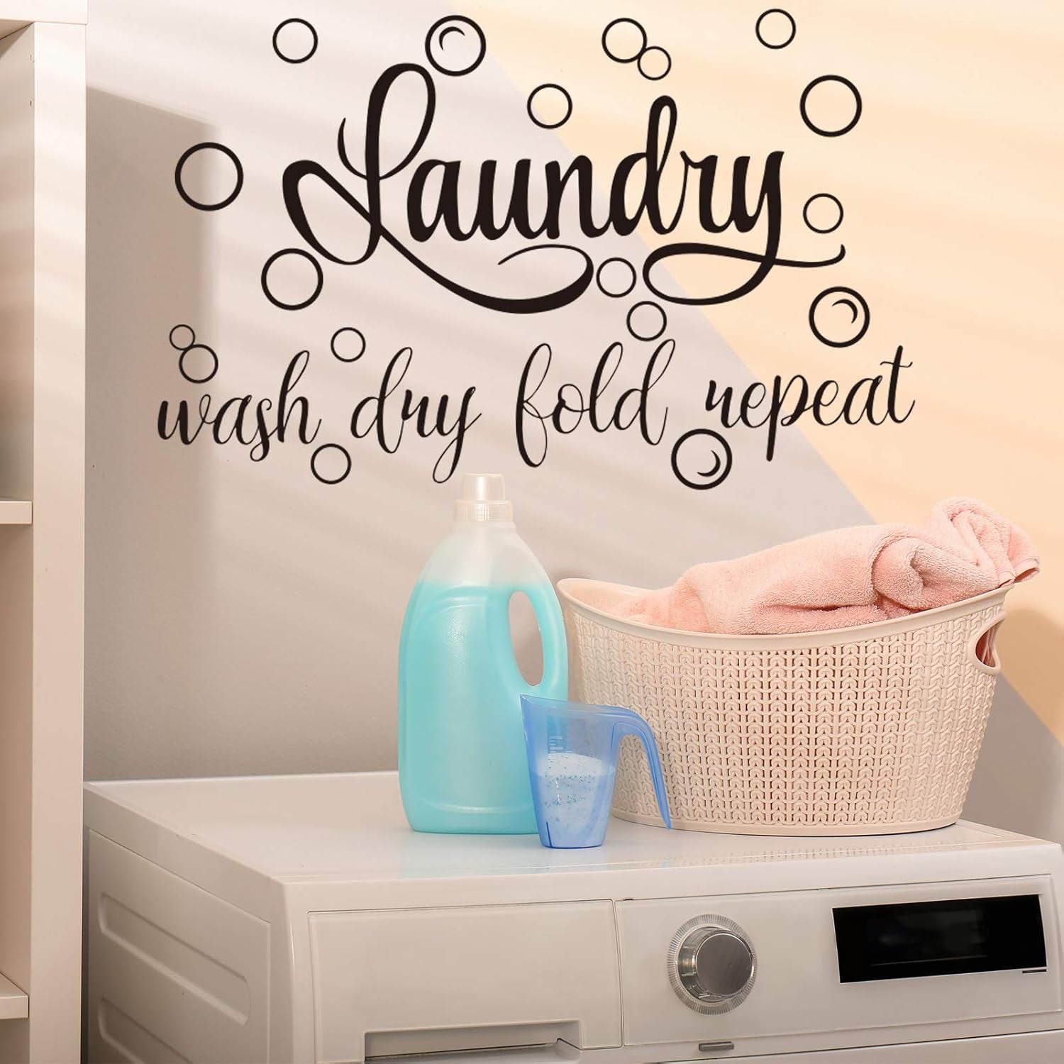 Laundry Room Sign Decals Decor Bubble Quote Stickers Wash Dry Fold Repeat Wall Signs Arts Funny Laundry Room Signs for Bathroom Home Decorations Supplies(13.8 X 21.7 Inch,Black)