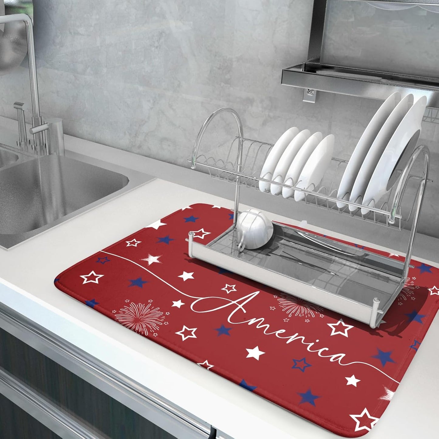 4Th of July Dish Drying Mat 18"X24" Patriotic Usa Stars America Firework Dish Drainer Mats Independece Day Absorbent Microfiber Dish Drying Pad for Kitchen Countertop Large Decor