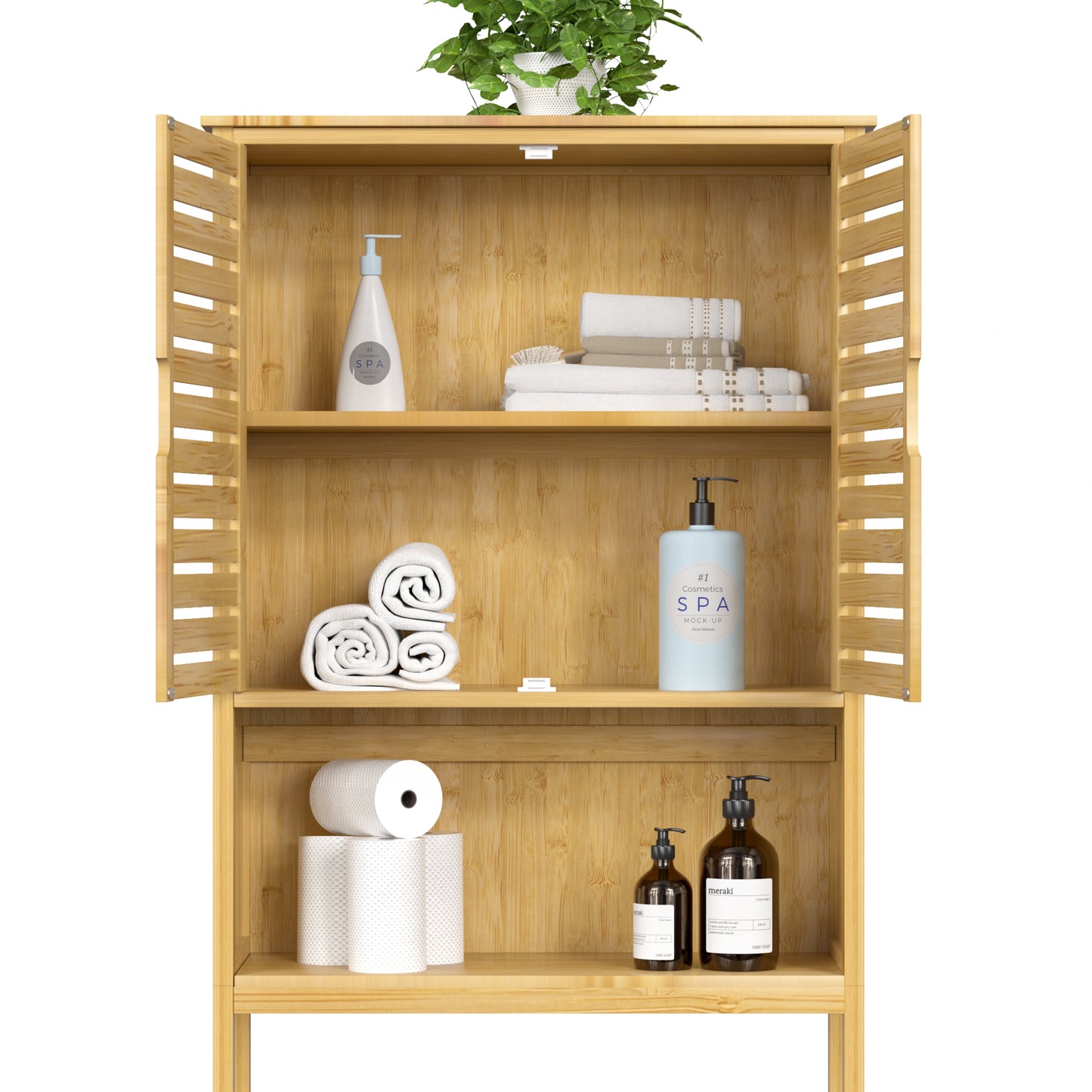 Bamboo over the Toilet Storage Cabinet Space-Saving Bathroom Cabinet W/ 2 Shelves and Cupboard