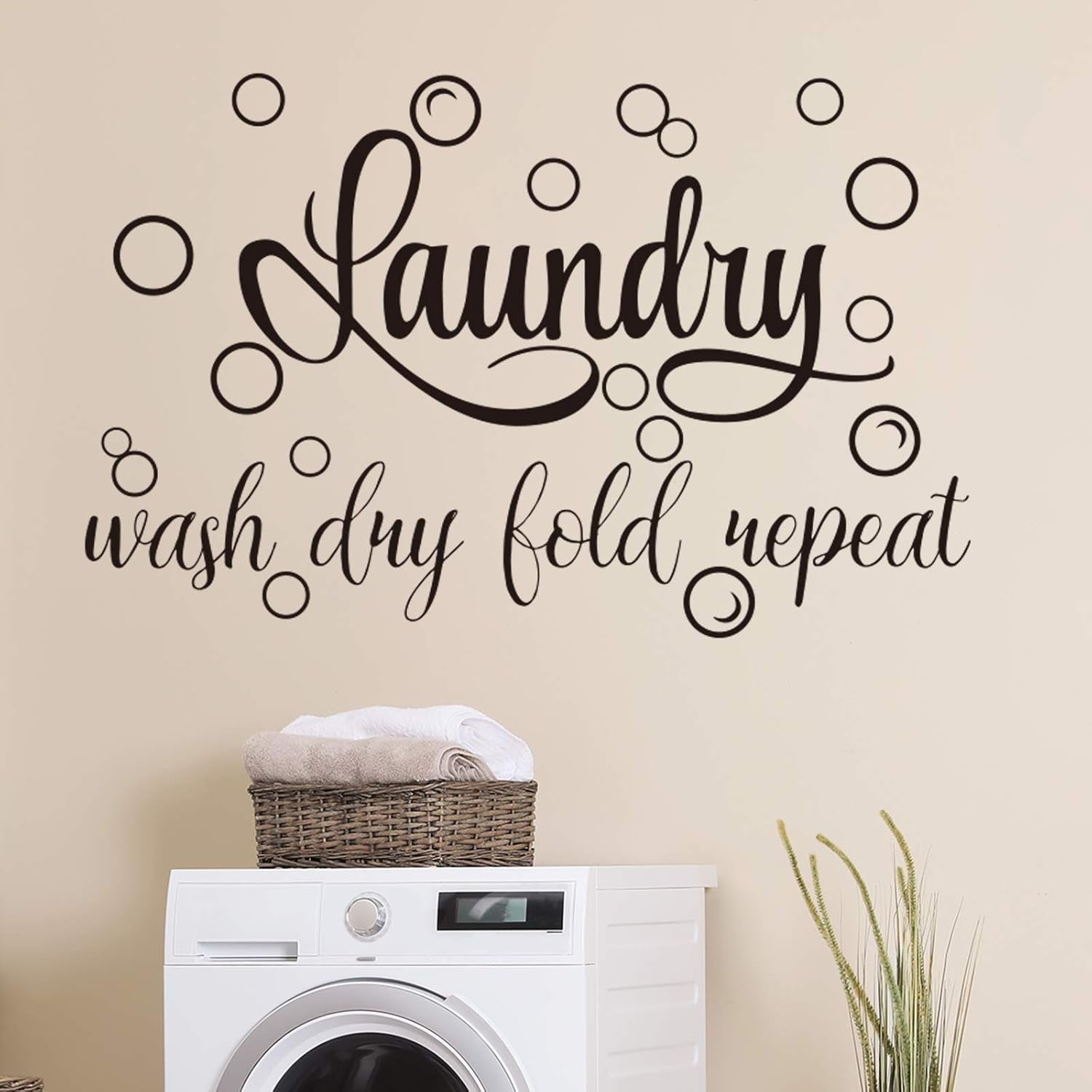 Laundry Room Sign Decals Decor Bubble Quote Stickers Wash Dry Fold Repeat Wall Signs Arts Funny Laundry Room Signs for Bathroom Home Decorations Supplies(13.8 X 21.7 Inch,Black)