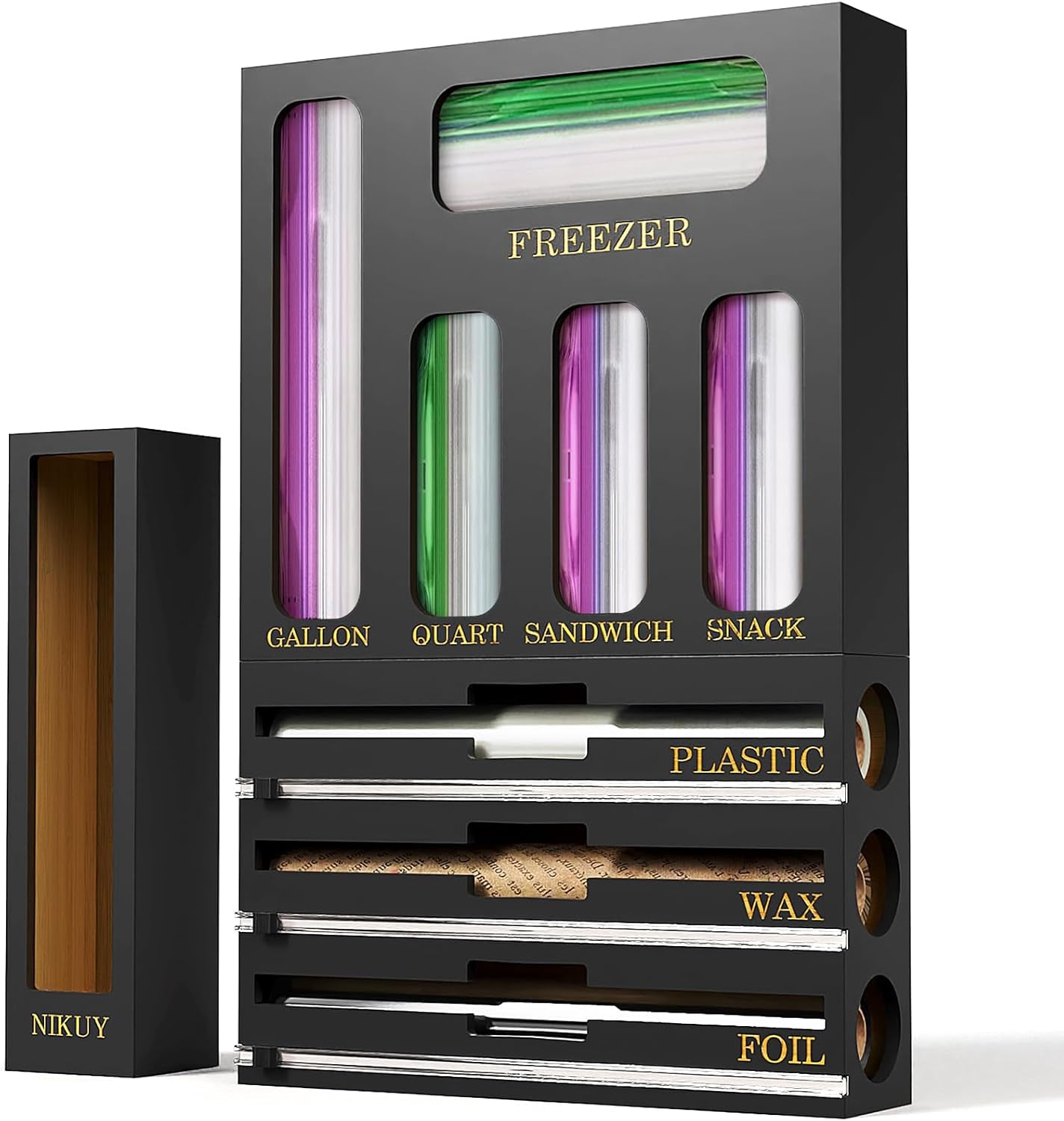 9 in 1 Bamboo Foil and Plastic Wrap Organizer for Kitchen Drawer, Plastic Bag Organizer Organization and Storage, Food Storage Bag Organizer with Labels for Quart Gallon Snack Sandwich Bag