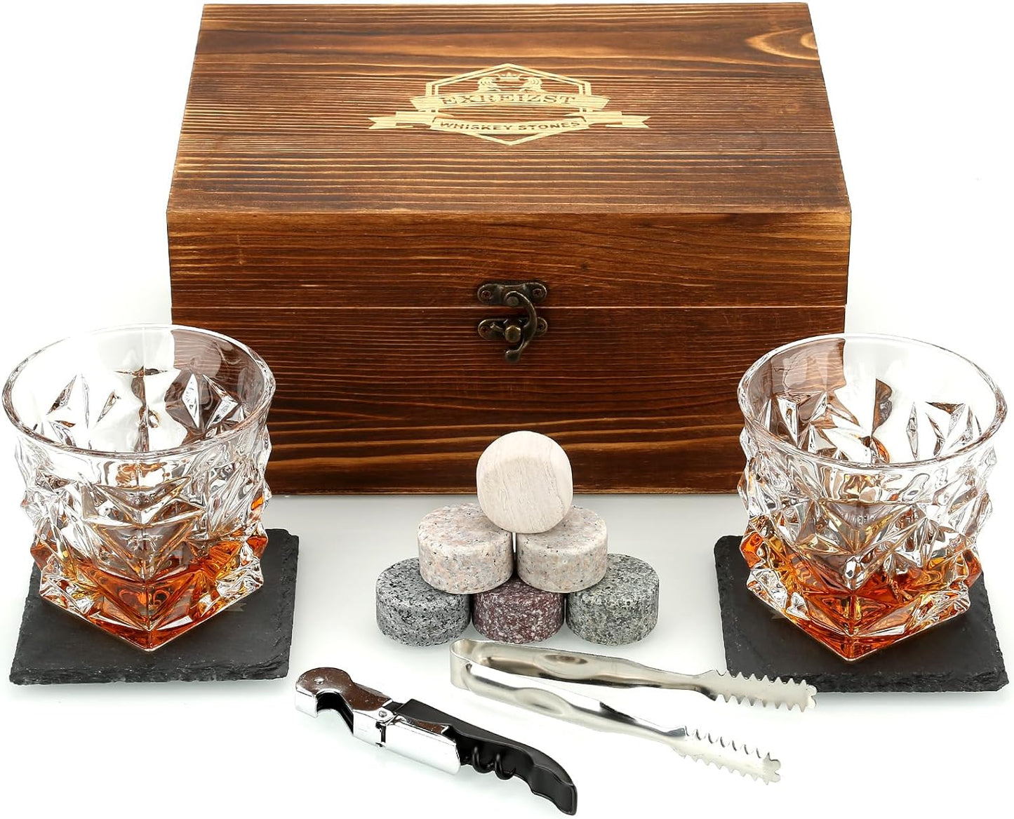 Whiskey Stones Gift Set - Whiskey Glass Set of 2 - Granite Chilling Whiskey Rocks - Scotch Bourbon Box Set -Father'S Day Birthday Gifts for Men Drinking Gift for Dad Him Husband Party Holiday Present