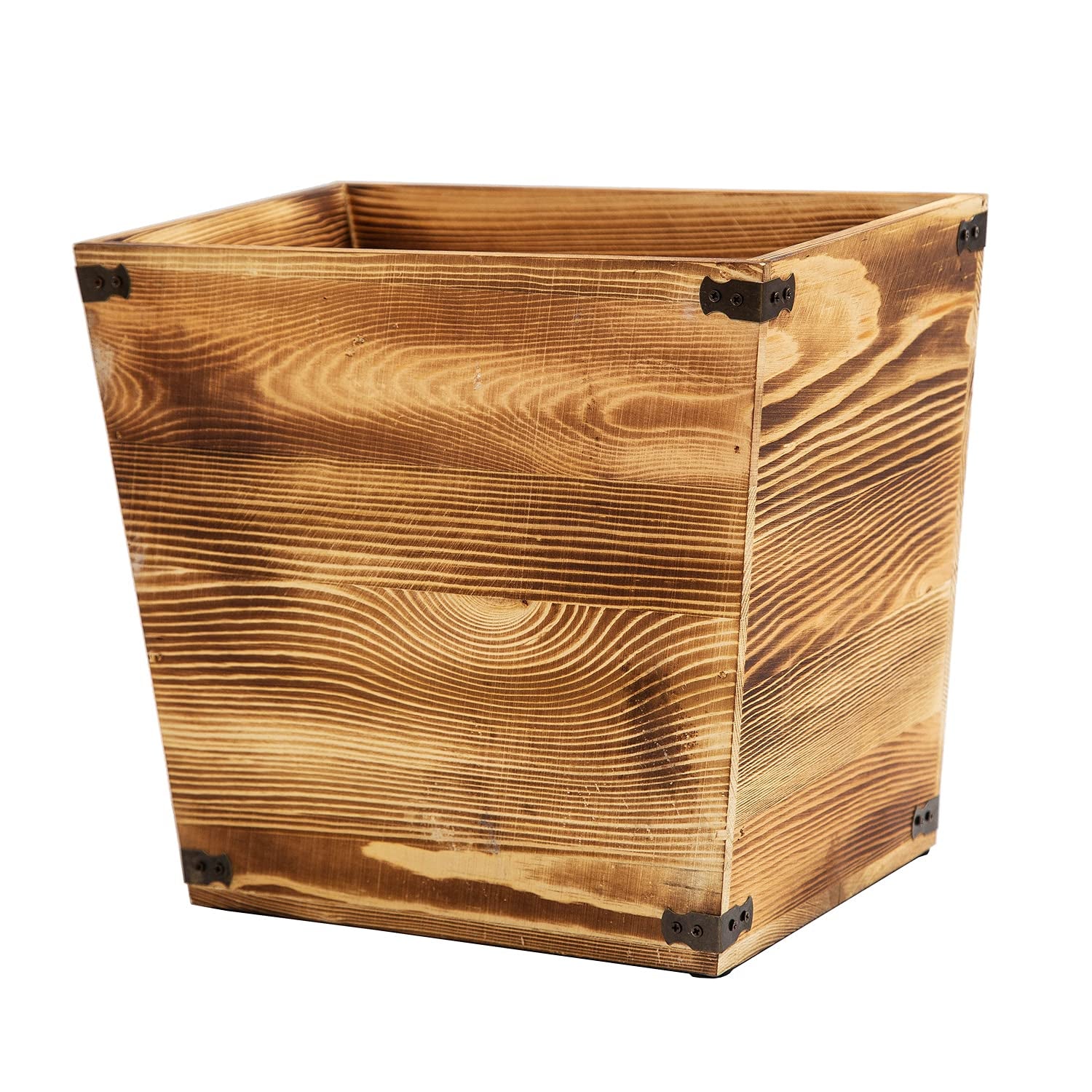 Grey Farmhouse Style Torched Wood Trash Can Waste Bin with Decorative Metal Brackets Trash Can for Bedroom,Living Room, Bathroom & Office (Gray)