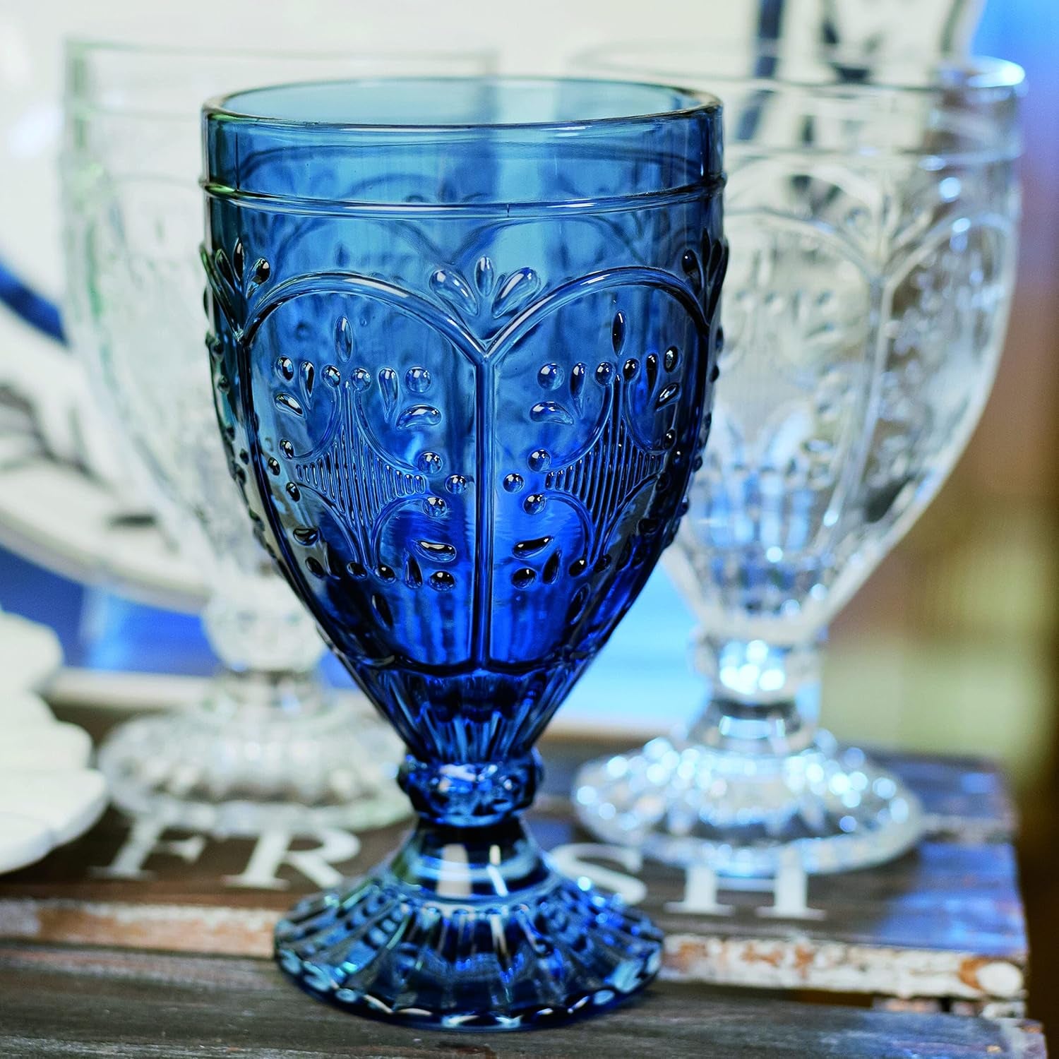 Fitz and Floyd Trestle Glassware Ornate Goblets, 4 Count (Pack of 1), Indigo