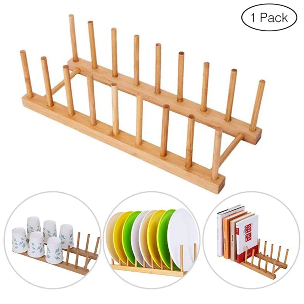 Premium Bamboo Dish Drying Rack - Dish Rack Kitchen Plate Holder-Wooden Dish Rack Plates Holder Compact Kitchen Storage Cabinet Organizer for Dish/Plate/Bowl/Cup/Pot Lid/Cutting Board(Wood)