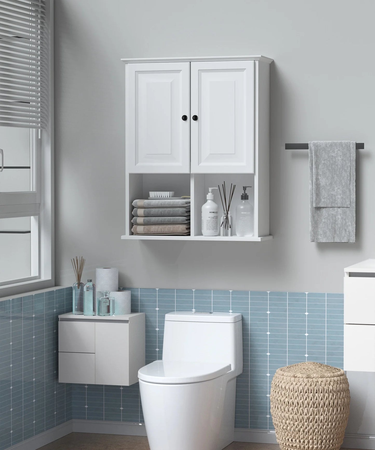 Bathroom Wall Cabinet with Motion Sensor LED Light, over Toilet Storage Cabinet with Buffering Hinges and Adjustable Shelf (White)