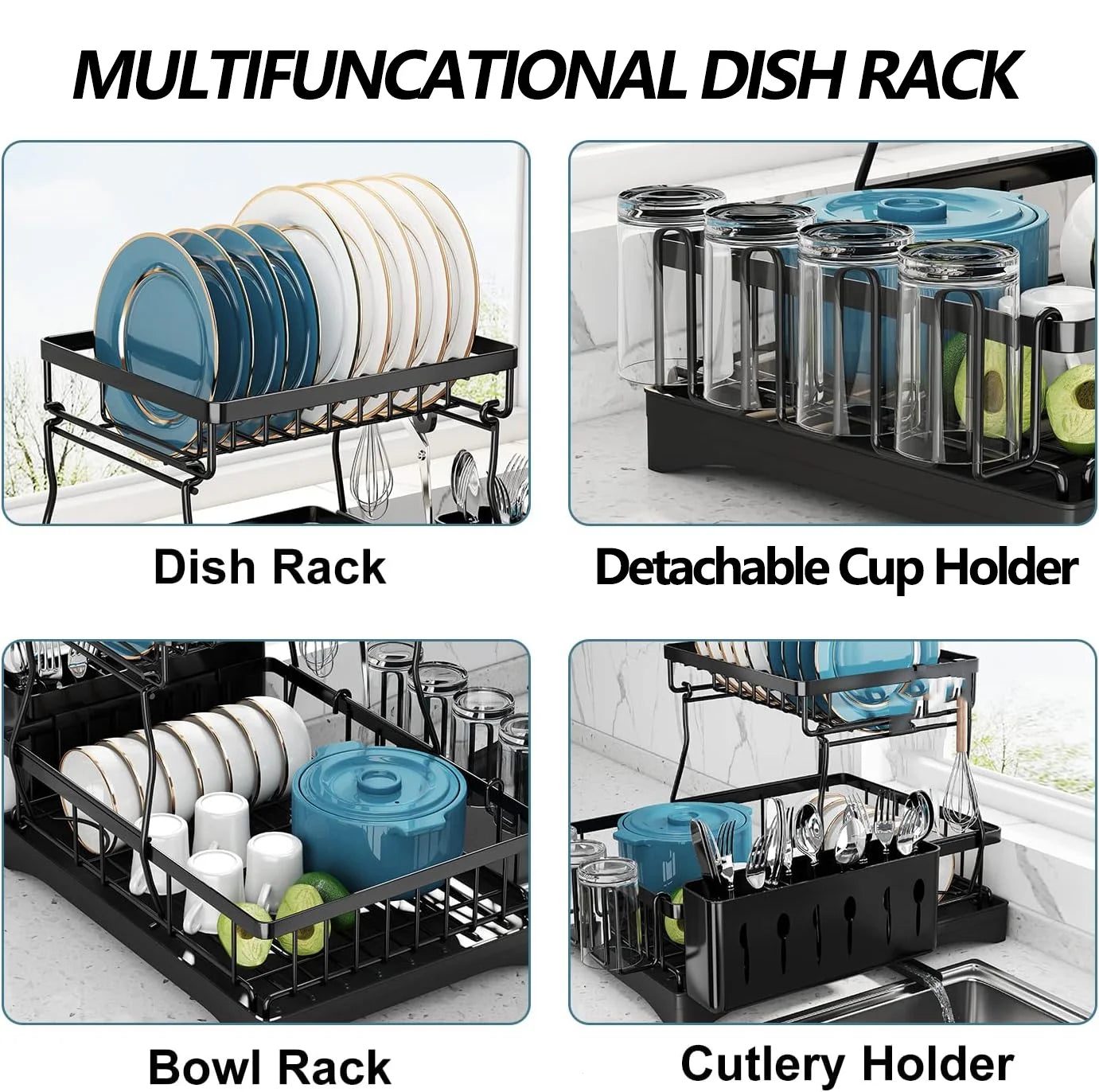 Dish Drying Rack for Kitchen, Stainless Steel 2 Tier New Dish Racks Sink Organizer, Black