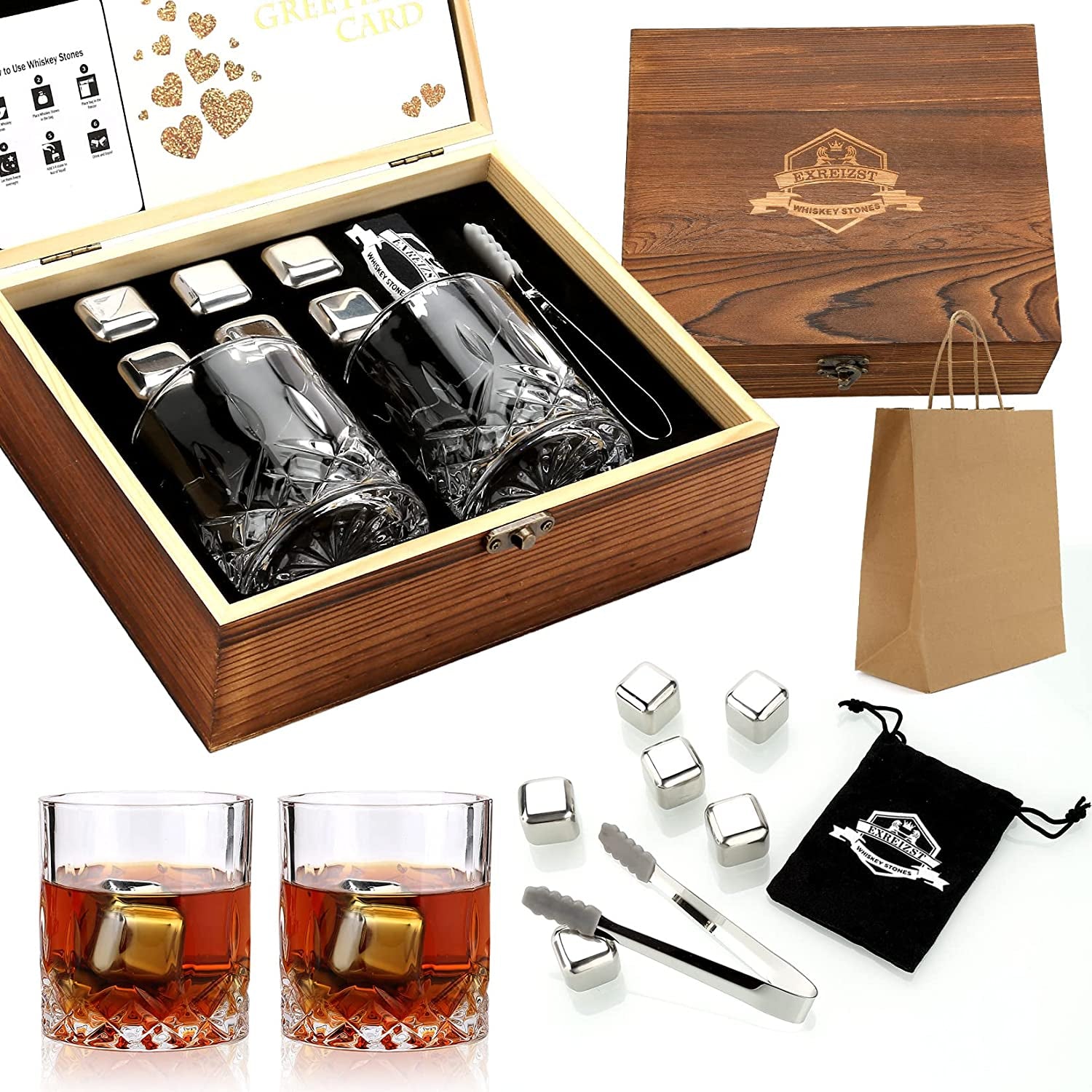 Whiskey Stones Gift Set - Whiskey Glass Set of 2 - Granite Chilling Whiskey Rocks - Scotch Bourbon Box Set -Father'S Day Birthday Gifts for Men Drinking Gift for Dad Him Husband Party Holiday Present