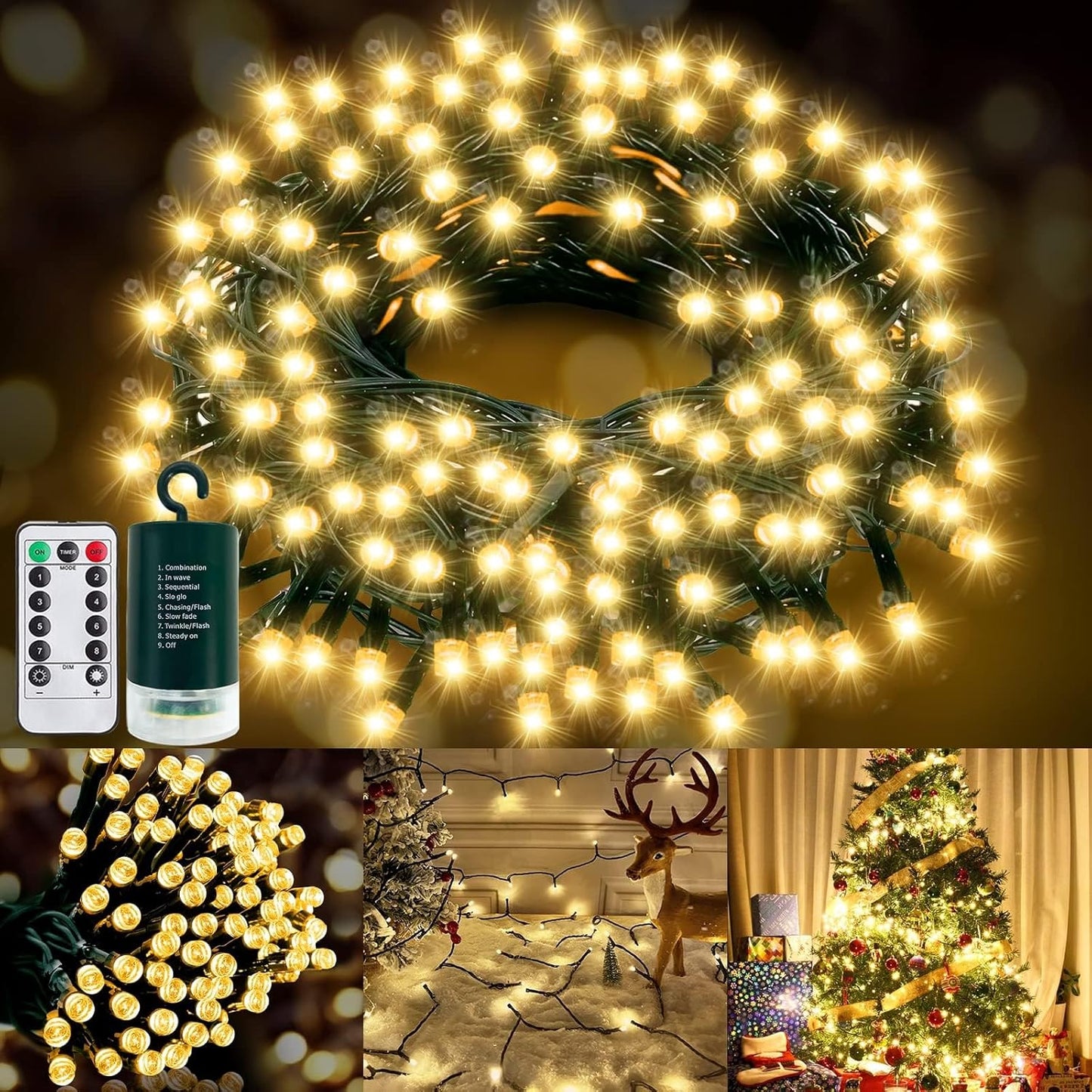 120LED 39.4Ft Christmas String Lights Battery Operated Timer 8 Modes Remote Control Waterproof Green Wire Xmas Tree Fairy Lights Decor Outdoor Indoor Home Party Garden (Warm White)