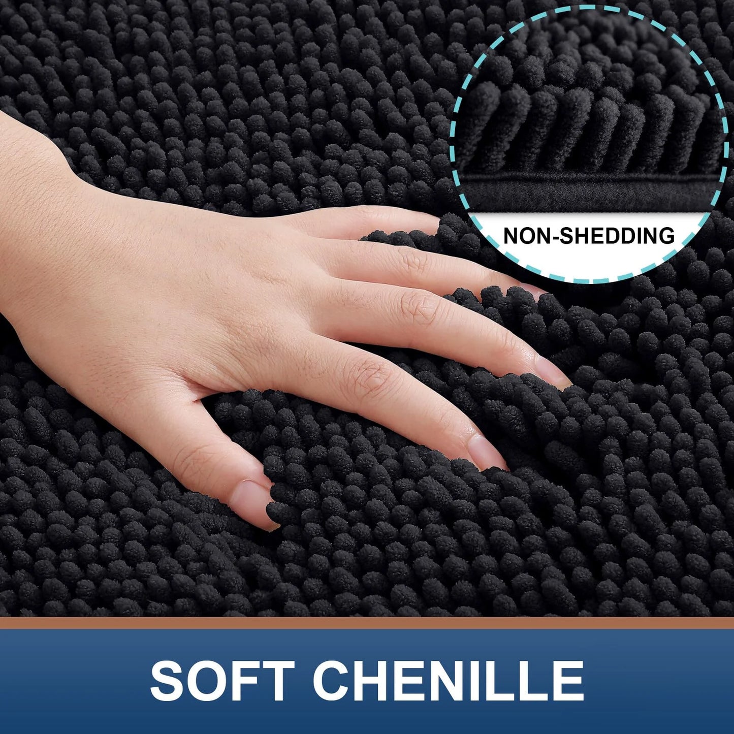 Luxury Chenille Bathroom Rugs, Extra Soft and Absorbent Bath Mat, Black, 17"X47"