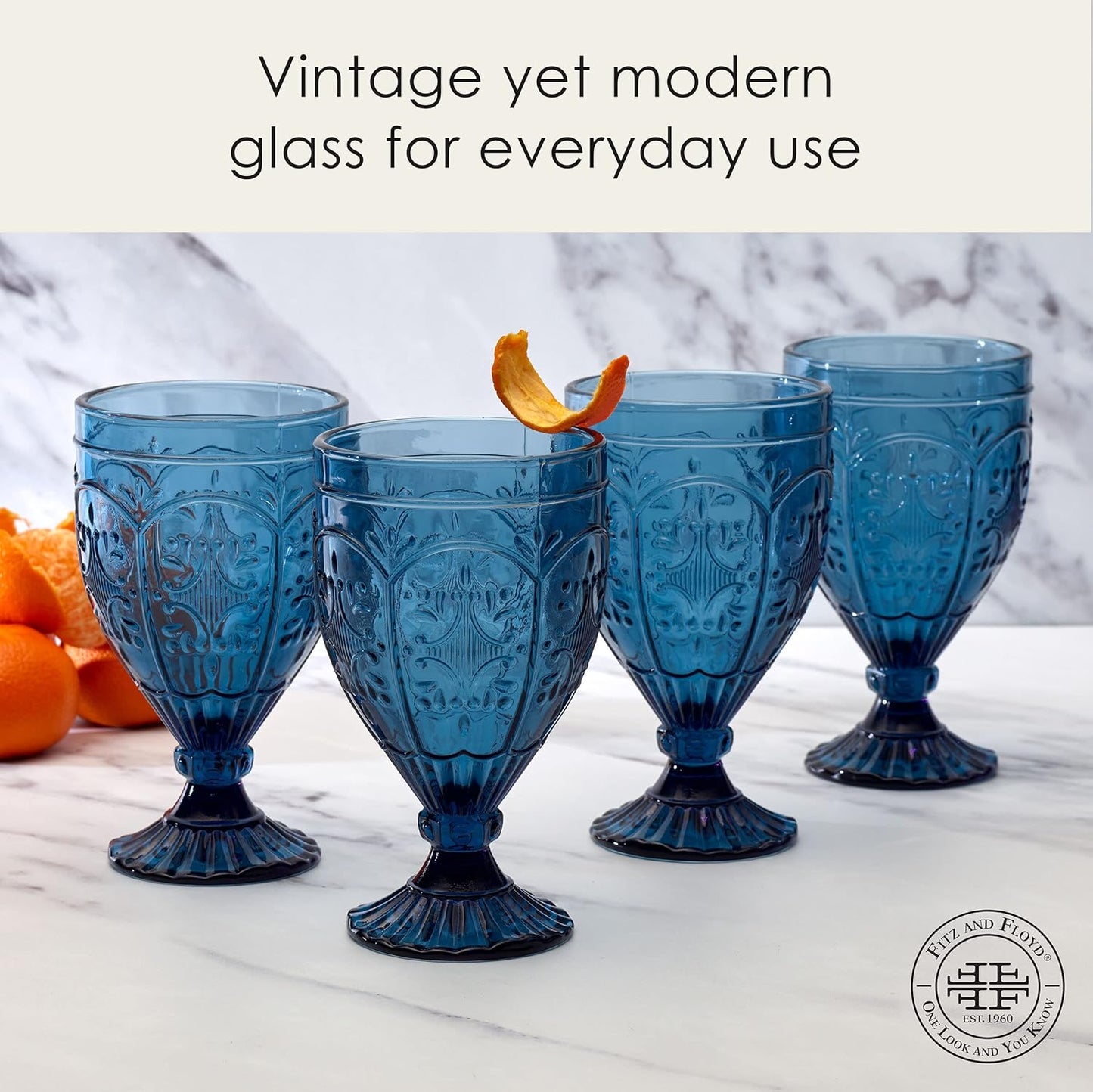 Fitz and Floyd Trestle Glassware Ornate Goblets, 4 Count (Pack of 1), Indigo