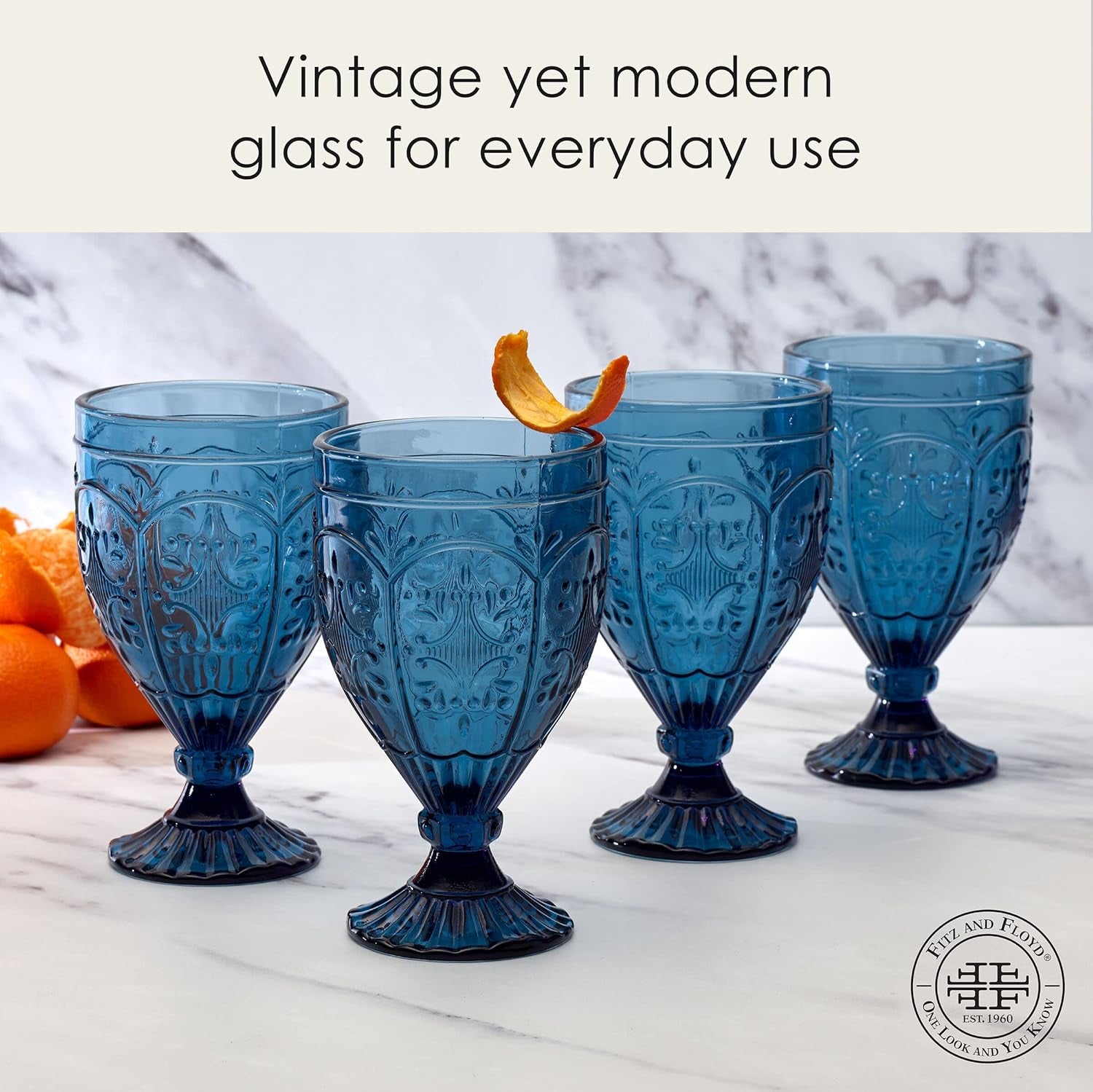 Fitz and Floyd Trestle Glassware Ornate Goblets, 4 Count (Pack of 1), Indigo