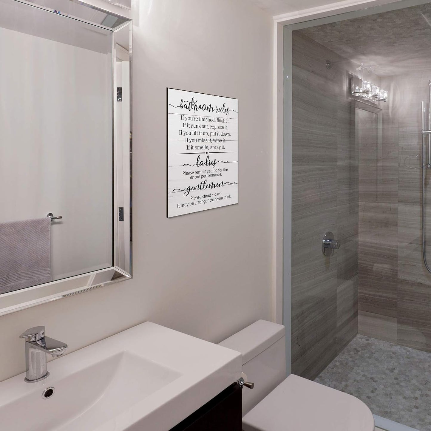 Signs for Bathroom Restroom Wall Art Decor Funny Toilet Signs for Bathroom Door Rules Farmhouse Rustic Wood Hanging Decor for Laundry Room Home, 13.8 X 10.6 Inch(White)