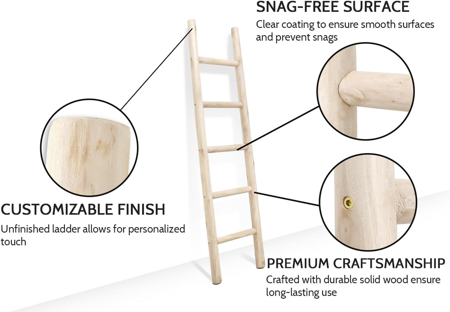 57In Wood Blanket Ladder Living Room Decorative Wall Leaning Farmhouse Quilt Display Holder Rustic Wooden Towel Rack for Bathroom, Unfinished