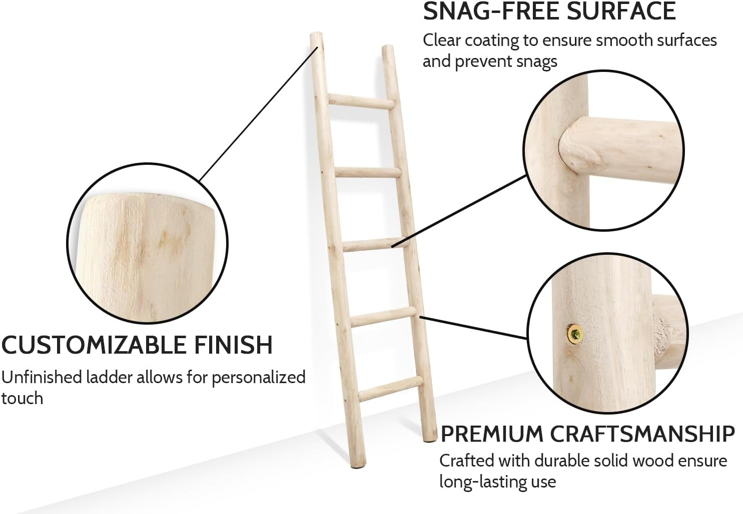 57In Wood Blanket Ladder Living Room Decorative Wall Leaning Farmhouse Quilt Display Holder Rustic Wooden Towel Rack for Bathroom, Unfinished