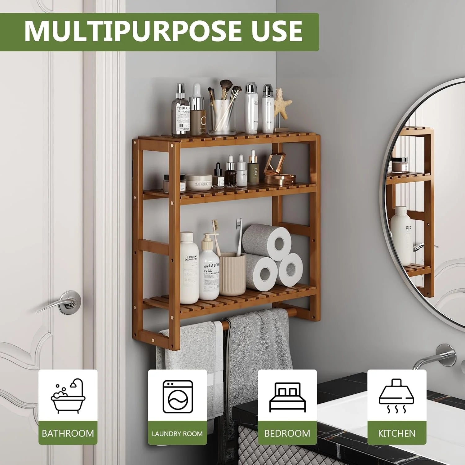 Bathroom Shelves Bathroom Storage over the Toilet Storage Bathroom Storage Shelves Organizer Adjustable 3 Tiers Floating Shelves for Wall Mounted with Hanging Rod (Brown)