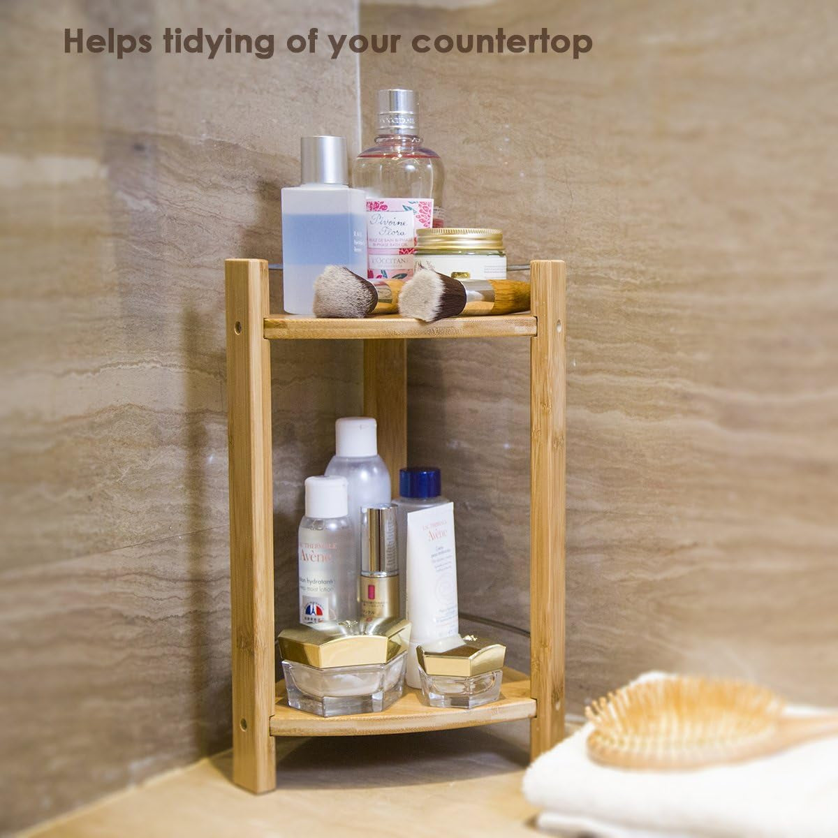 Bamboo Shower Corner Caddy, Medium - 2 Tier Bathroom Organizer Countertop for Shampoo, Conditioner, Lotion, Soap - Standing Shower Stand for Kitchen, Bedroom, or Office