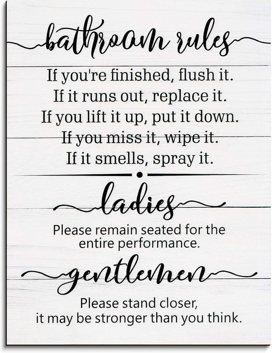 Signs for Bathroom Restroom Wall Art Decor Funny Toilet Signs for Bathroom Door Rules Farmhouse Rustic Wood Hanging Decor for Laundry Room Home, 13.8 X 10.6 Inch(White)