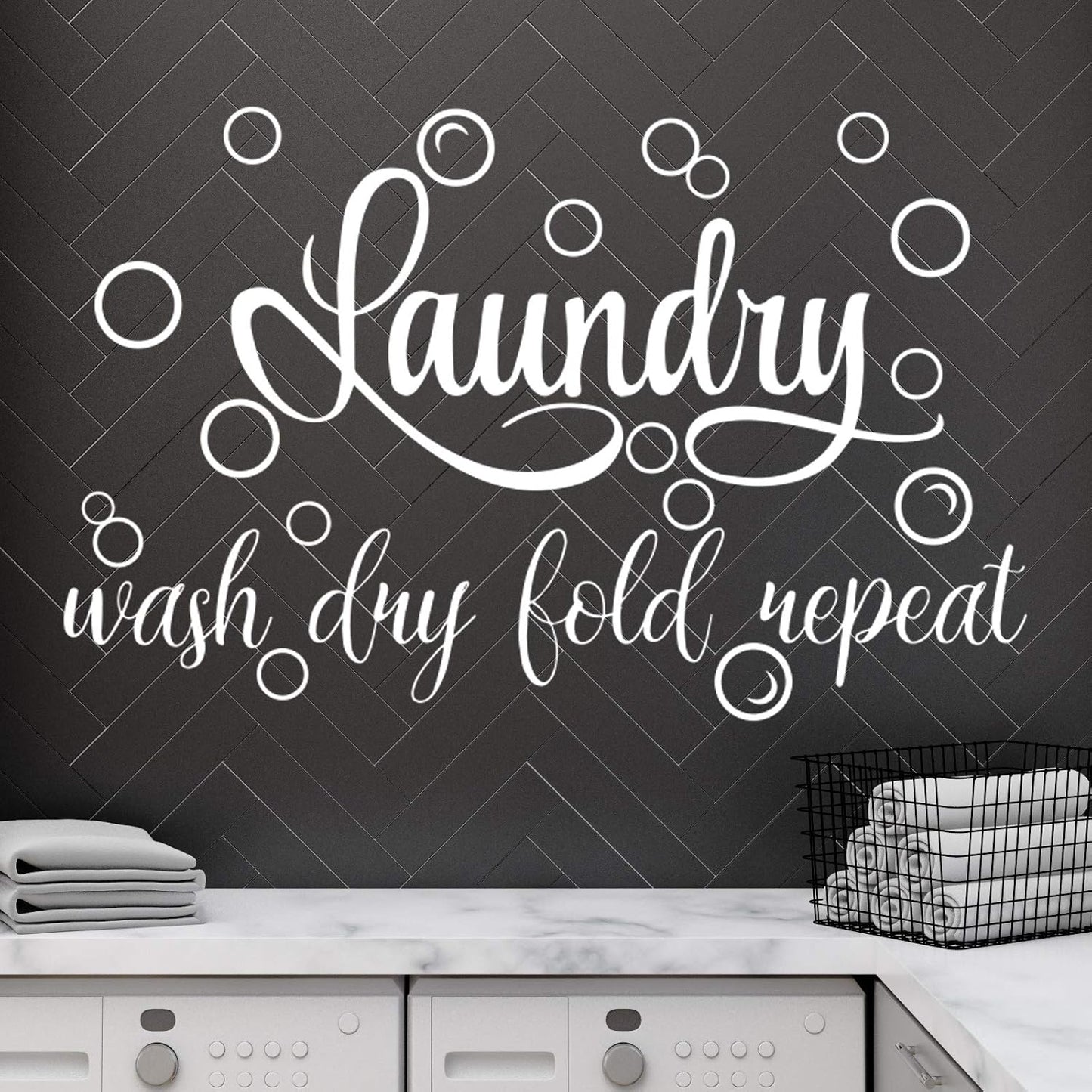 Laundry Room Sign Decals Decor Bubble Quote Stickers Wash Dry Fold Repeat Wall Signs Arts Funny Laundry Room Signs for Bathroom Home Decorations Supplies(13.8 X 21.7 Inch,Black)