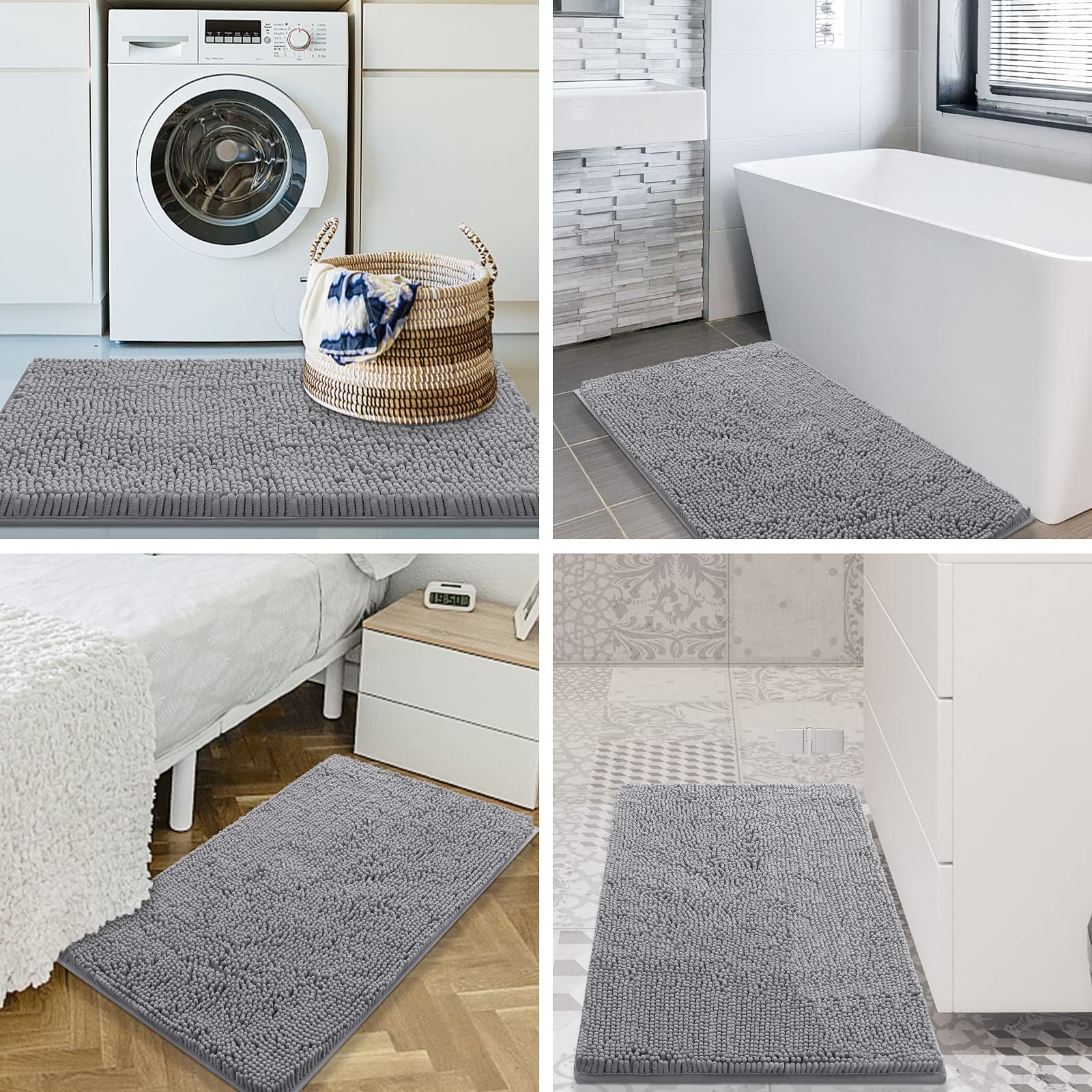 Luxury Chenille Bathroom Rugs, Extra Soft and Absorbent Bath Mat, Light Grey, 17"X47"