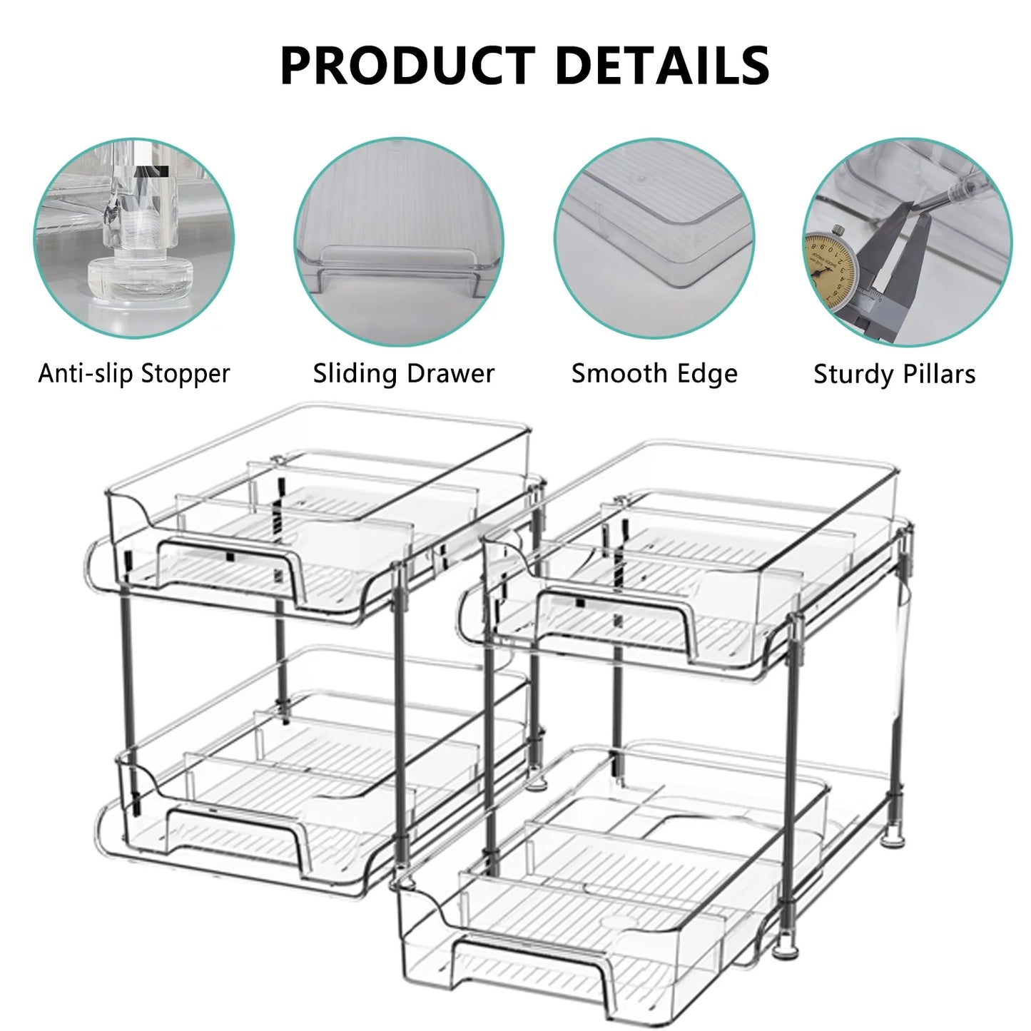 2-Pack under Sink Organizer Storage, 2-Tier 11.4" Tall under Sink Storage Organizer, Clear
