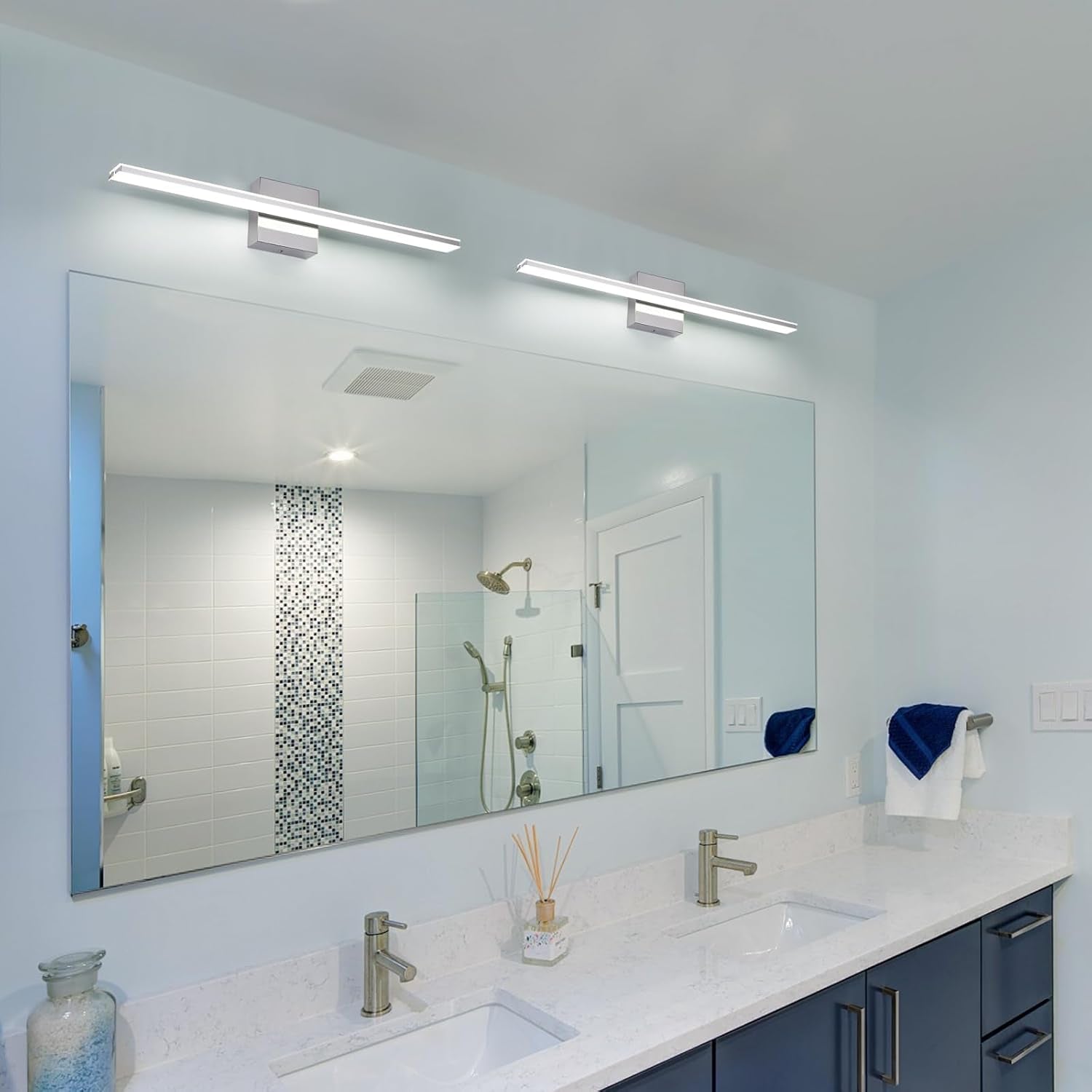 Chrome Bathroom Light Fixtures 24 Inch Bath Wall Lighting IP44 14W Vanity Lamp Bar Modern LED Lights for Vanity Rectangle Bathroom Lamps over Mirror Acrylic Restroom Sink Light