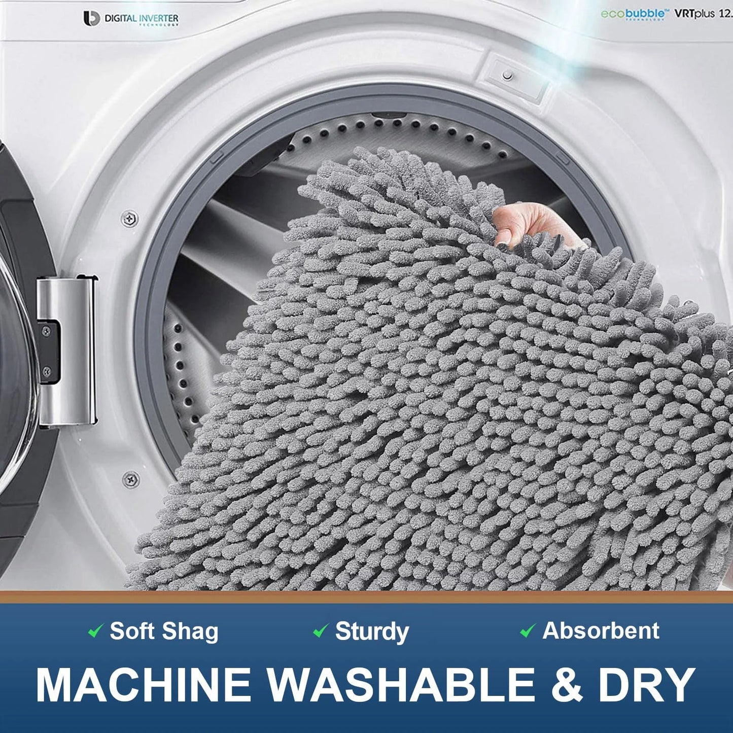 Luxury Chenille Bathroom Rugs, Extra Soft and Absorbent Bath Mat, Light Grey, 17"X47"