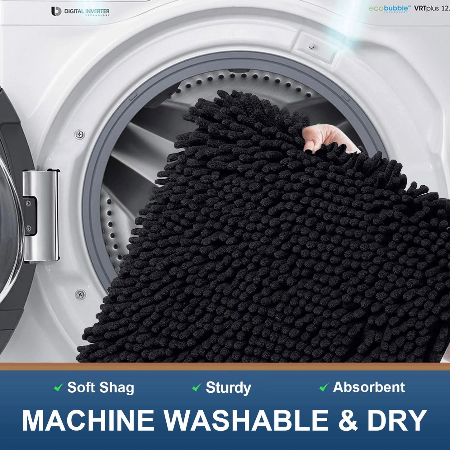 Luxury Chenille Bathroom Rugs, Extra Soft and Absorbent Bath Mat, Black, 17"X47"