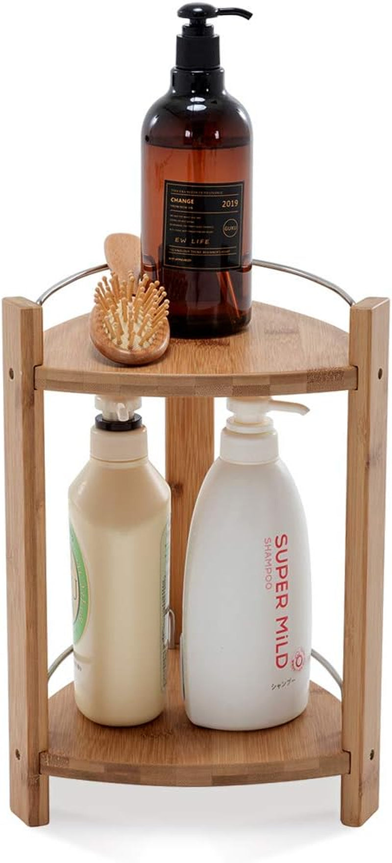 Bamboo Shower Corner Caddy, Medium - 2 Tier Bathroom Organizer Countertop for Shampoo, Conditioner, Lotion, Soap - Standing Shower Stand for Kitchen, Bedroom, or Office