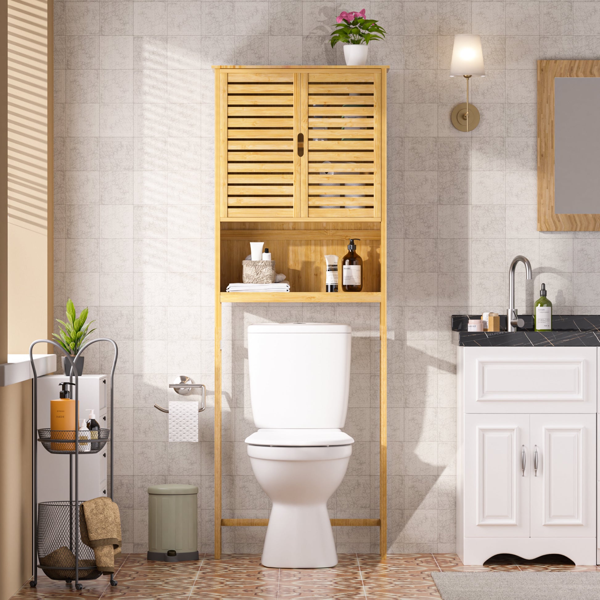 Bamboo over the Toilet Storage Cabinet Space-Saving Bathroom Cabinet W/ 2 Shelves and Cupboard