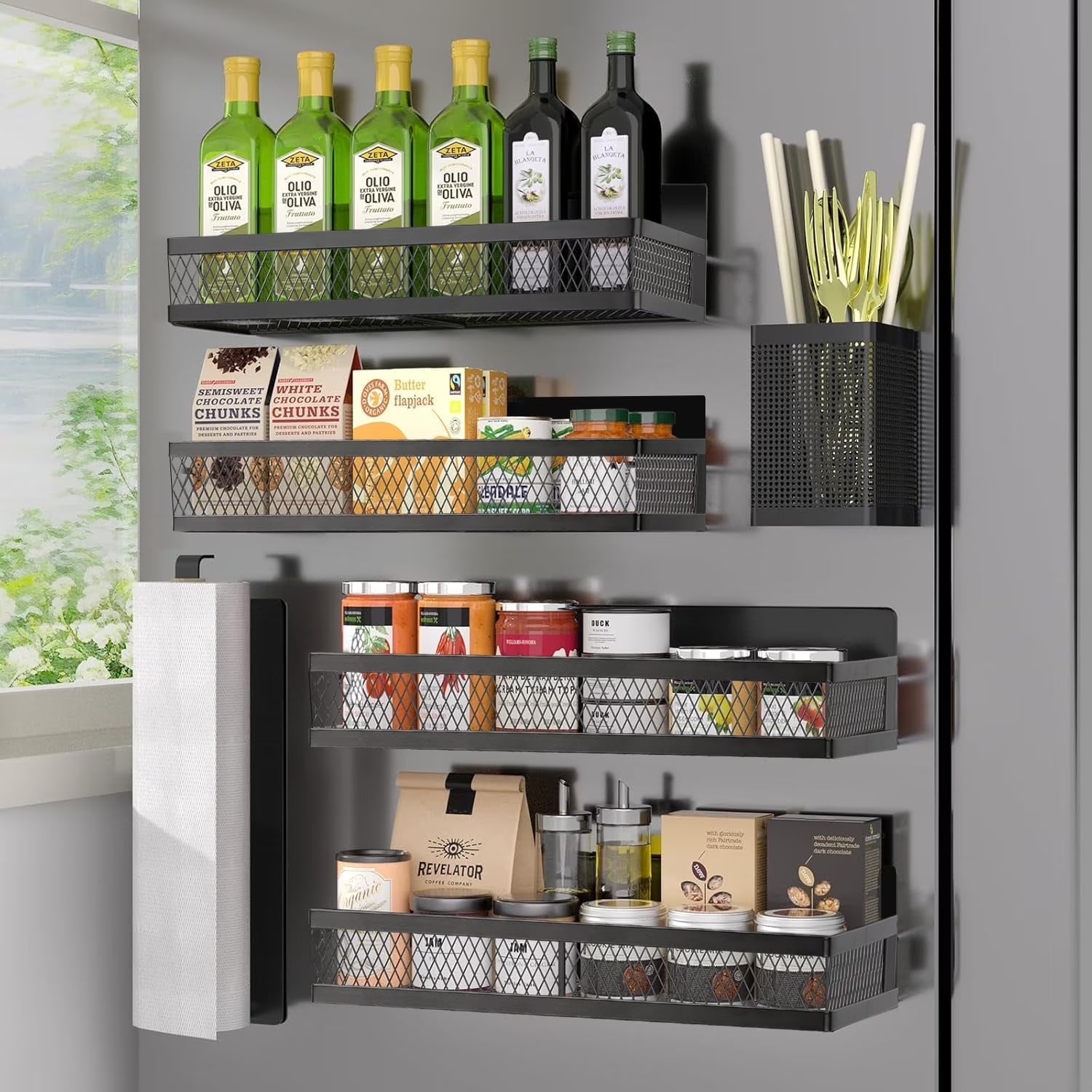 Magnetic Spice Rack Organizer,  6 Pack Moveable Fridge Spice Shelves for Refrigerator, Strong Magnetic Metal Refrigerator Shelf Organizer with Paper Towel Holder, Utensils Holder, Black