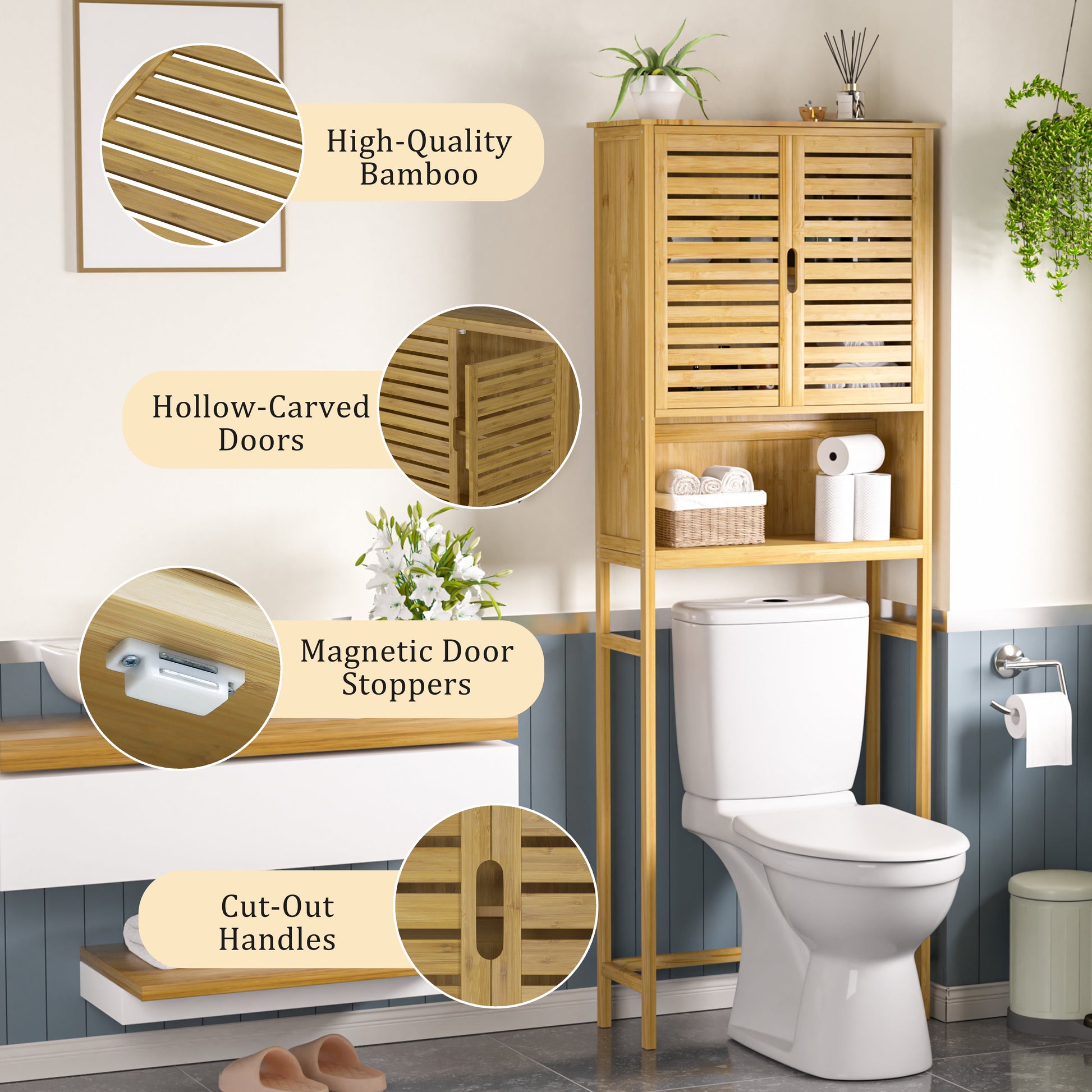 Bamboo over the Toilet Storage Cabinet Space-Saving Bathroom Cabinet W/ 2 Shelves and Cupboard