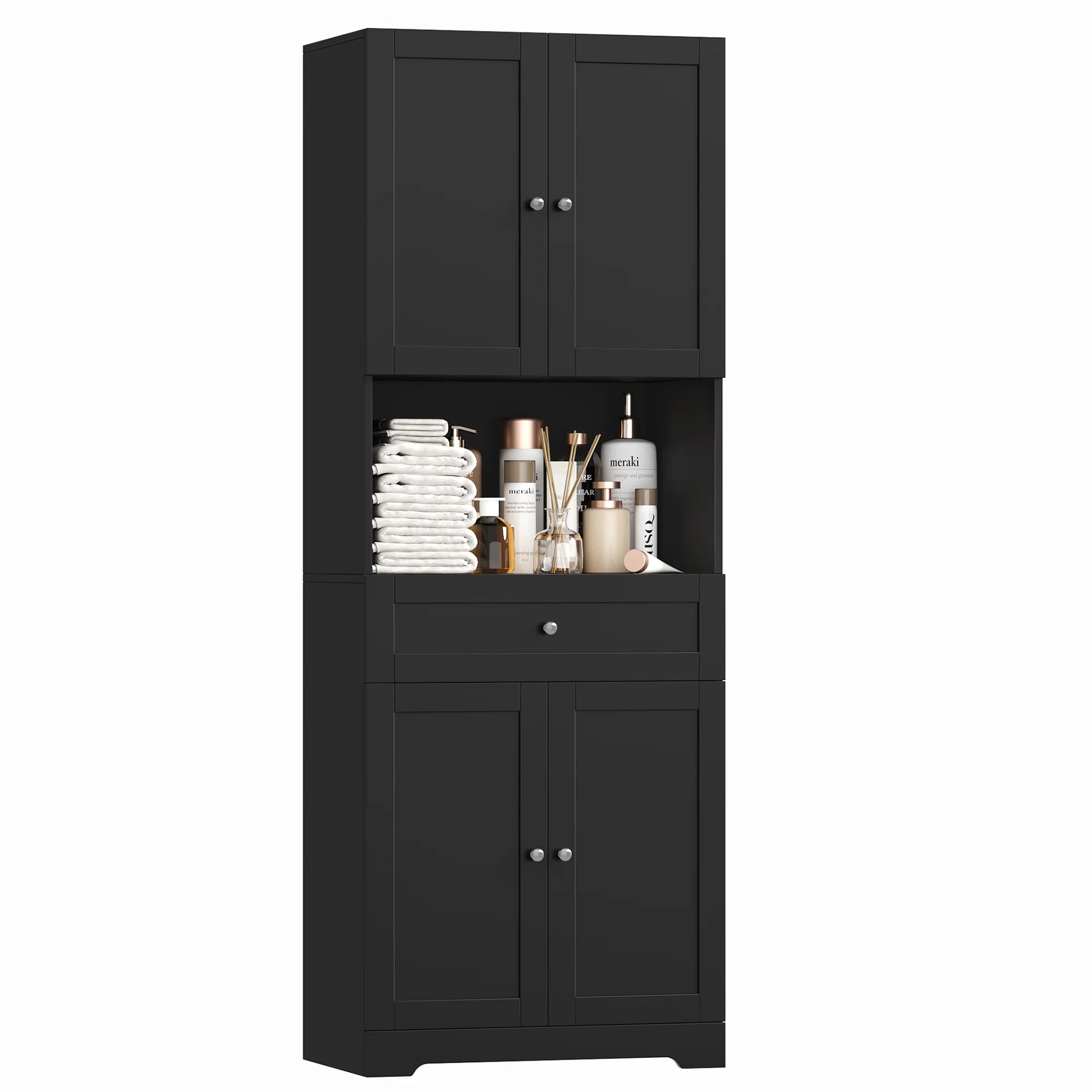 67.5" Tall Farmhouse Bathroom Storage Cabiet with Drawer, 4 Door Modern Freestanding Storage Cabinet Cupboard, Black