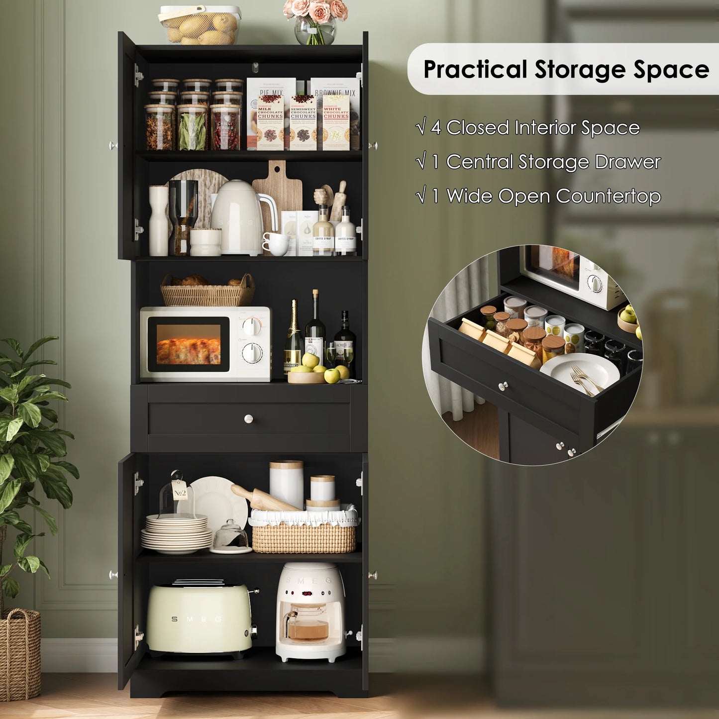 67.5" Tall Farmhouse Bathroom Storage Cabiet with Drawer, 4 Door Modern Freestanding Storage Cabinet Cupboard, Black